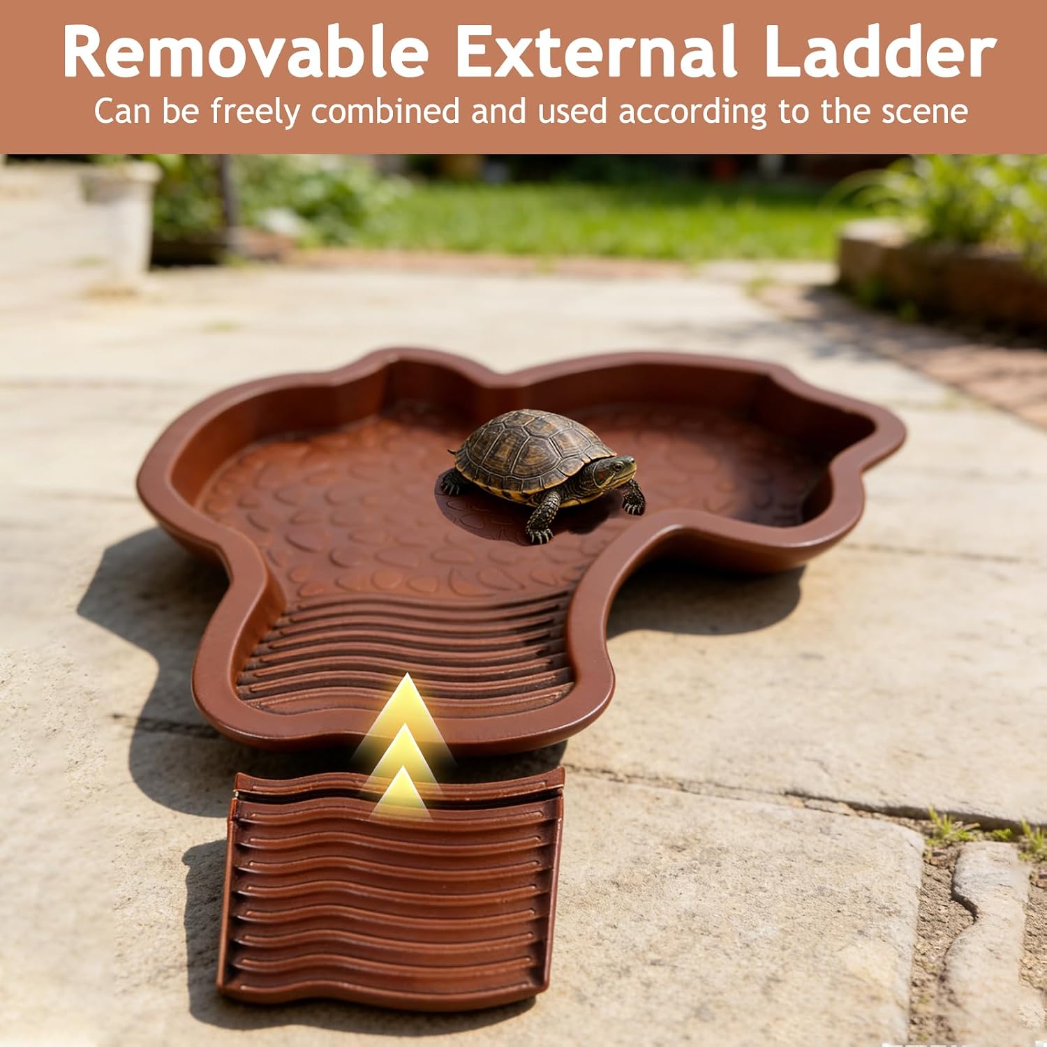 3 PCS Tortoise Water Dish Reptile Bathing Pool with Removable Ramp and Leaf Reptile Food Dish & Water Bowl Tortoise Habitat Accessories for Turtle, Gecko, Snake, Bearded Dragon, Lizard