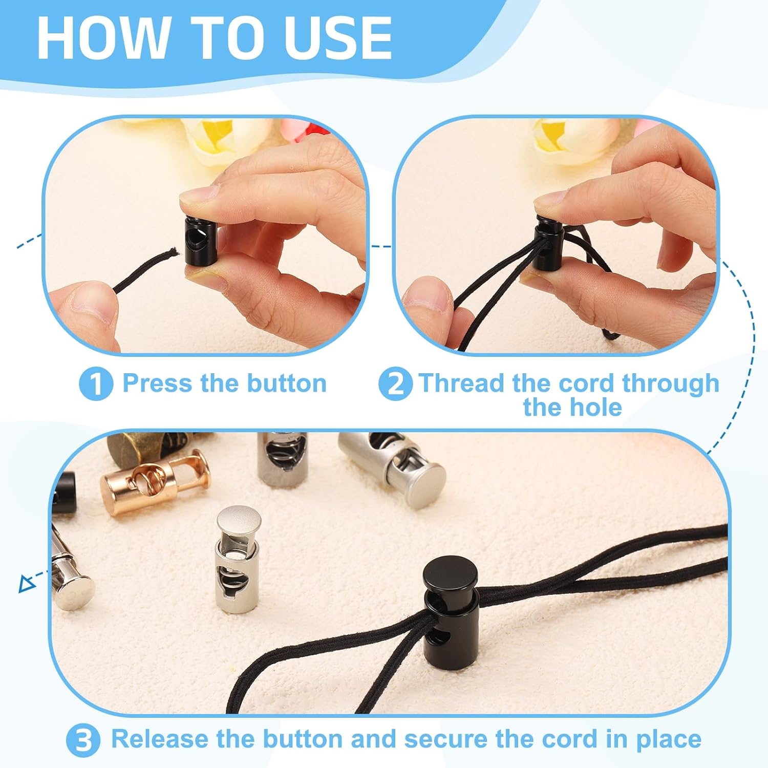 uxcell 10Pcs Single Hole Cord Locks, 6mm Metal Spring Toggle Stopper Clip for Shoelaces Drawstrings Paracord, Gold, 10mm Dia - Image 4