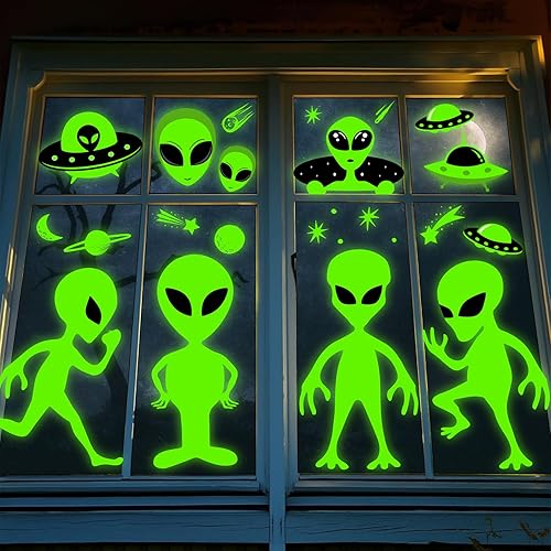 Miniatura 8 de Whaline 6 hojas de calcomanías de ventana de alienígena de gran tamaño, color verde, platillo volador, calcomanías de ventana con temática OVNI de