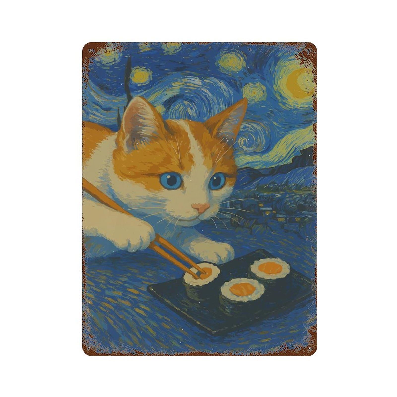 Rust Effect Cat Sushi, Starry Night Aged Metal Wall Plaque 15.7"x11.8", Shabby Chic Decor for Basement, Hobby Room And Garage Decor
