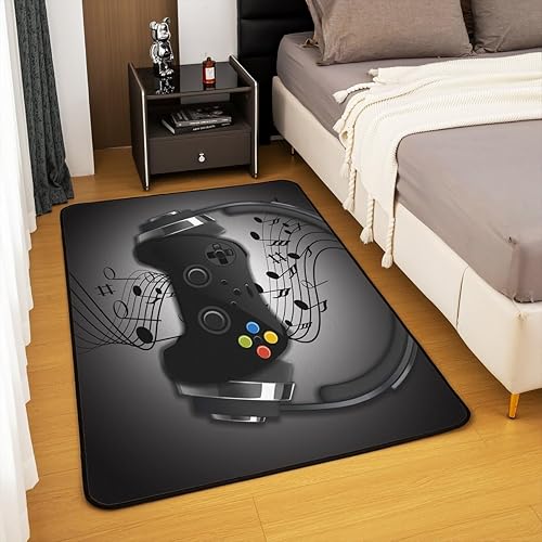 Miniatura 4 de Alfombra gamepad de 3 x 5 pies, color negro y gris, con auriculares, diseño musical, para niños y niños, decoración de sala de videojuegos, alfombra
