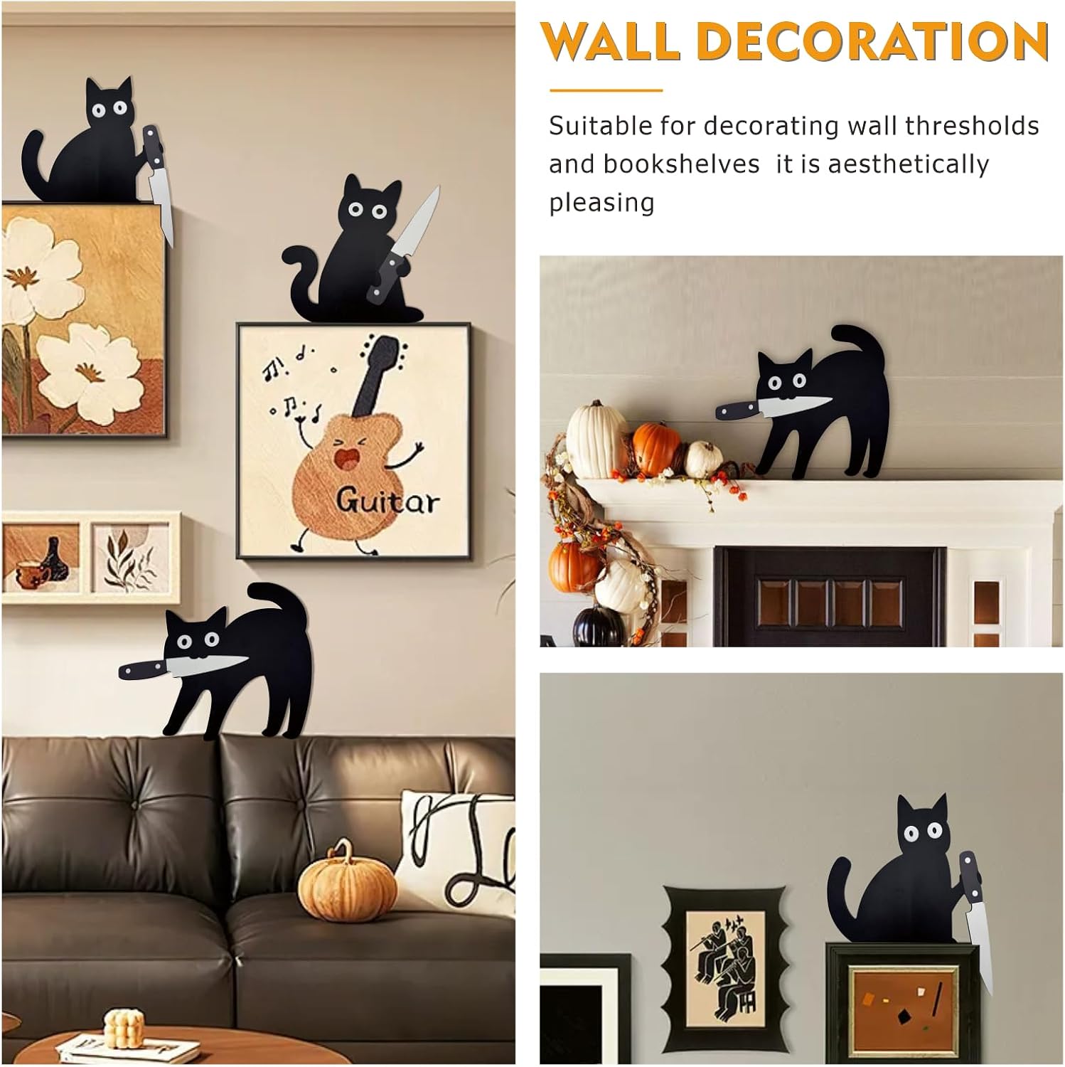 3PCS Funny Black Cat Wall Decor, Wooden Spooky Black Cat Door Topper Set, Halloween Wall Decor with Posing Cats, Funny Art for Entryway, Unique for Cats Lovers