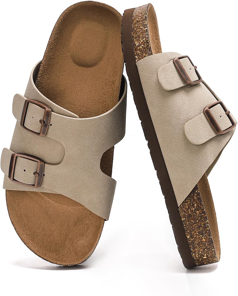 Suede Cork Flat Sandals with Adjustable Buckle Arch Support Footbed Comfortable Slide Sandals for Women 2026