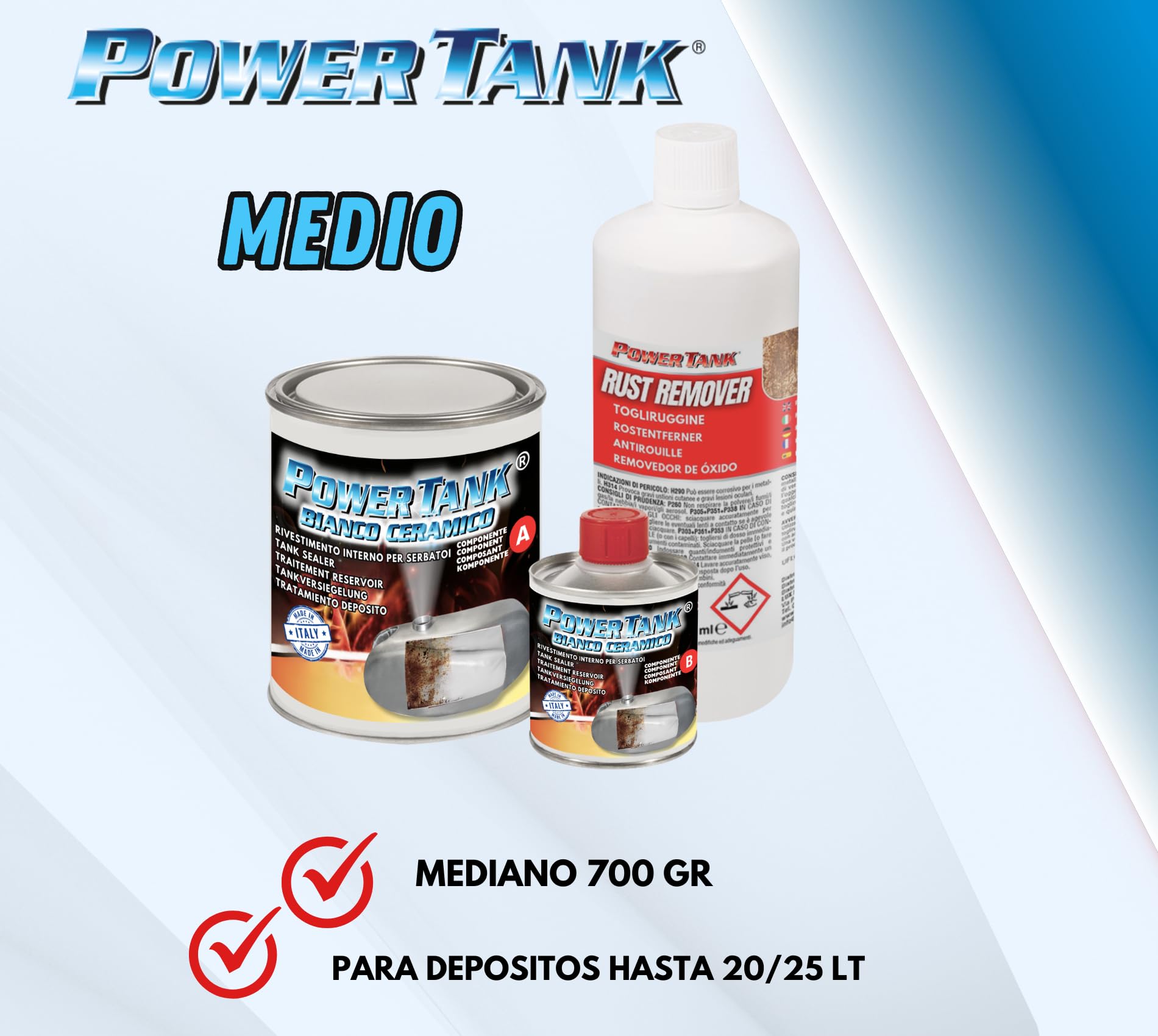POWER TANK BLANCO CERAMICO - Tratamiento Tanque Deposito Moto (20/25 LT) Kit Mediano 700 g para Interior Tanque Elimina Óxido Repara Protege Tanques Oxidados de Autos Vespa Época con Antioxidante
