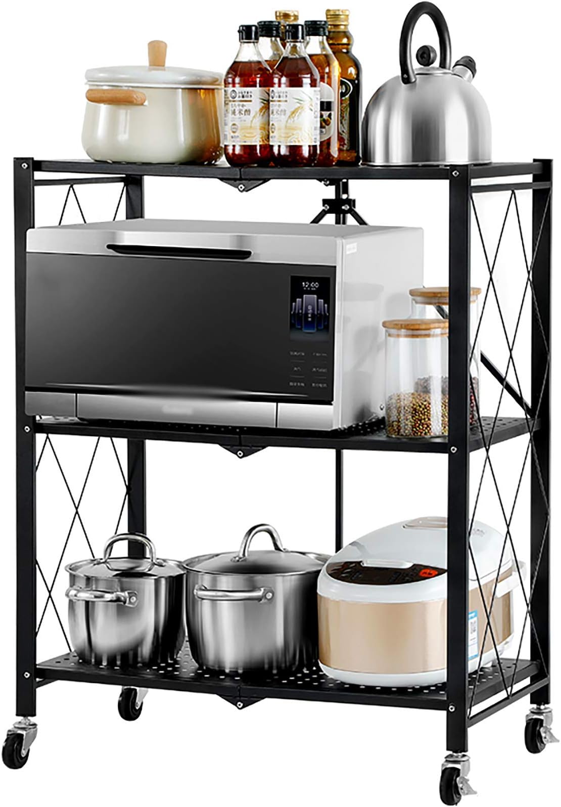 3 Tier Rolling Cart, Foldable Metal Utility Cart with Locking Wheels and 4 Side Hooks, Serving Cart for Classroom Office Home Bedroom Bathroom,Black
