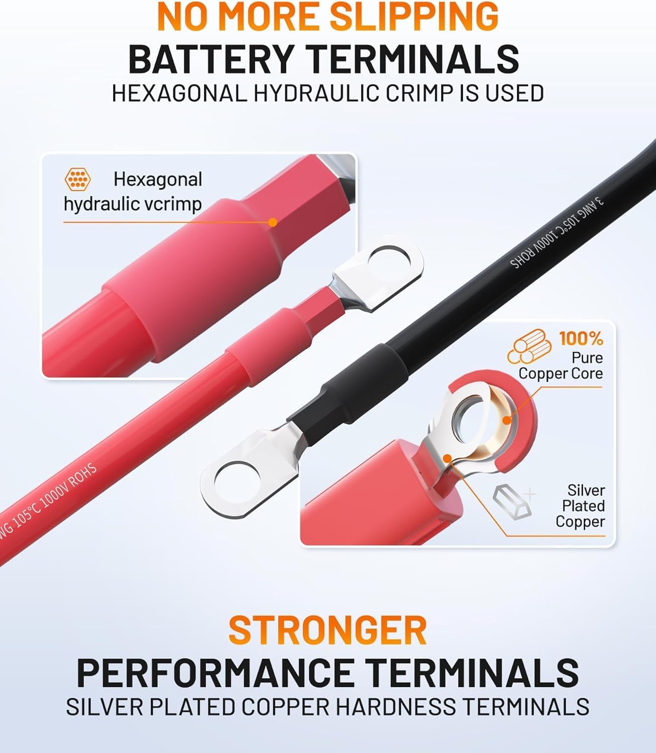 Ampeak 4 AWG Battery Cable 2FT Anti-Spark Battery Wire Waterproof Inverter Pure Copper Cable with Terminal 3/8 Inch Lugs for Truck RV Solar Inverter Marine Golfcart
