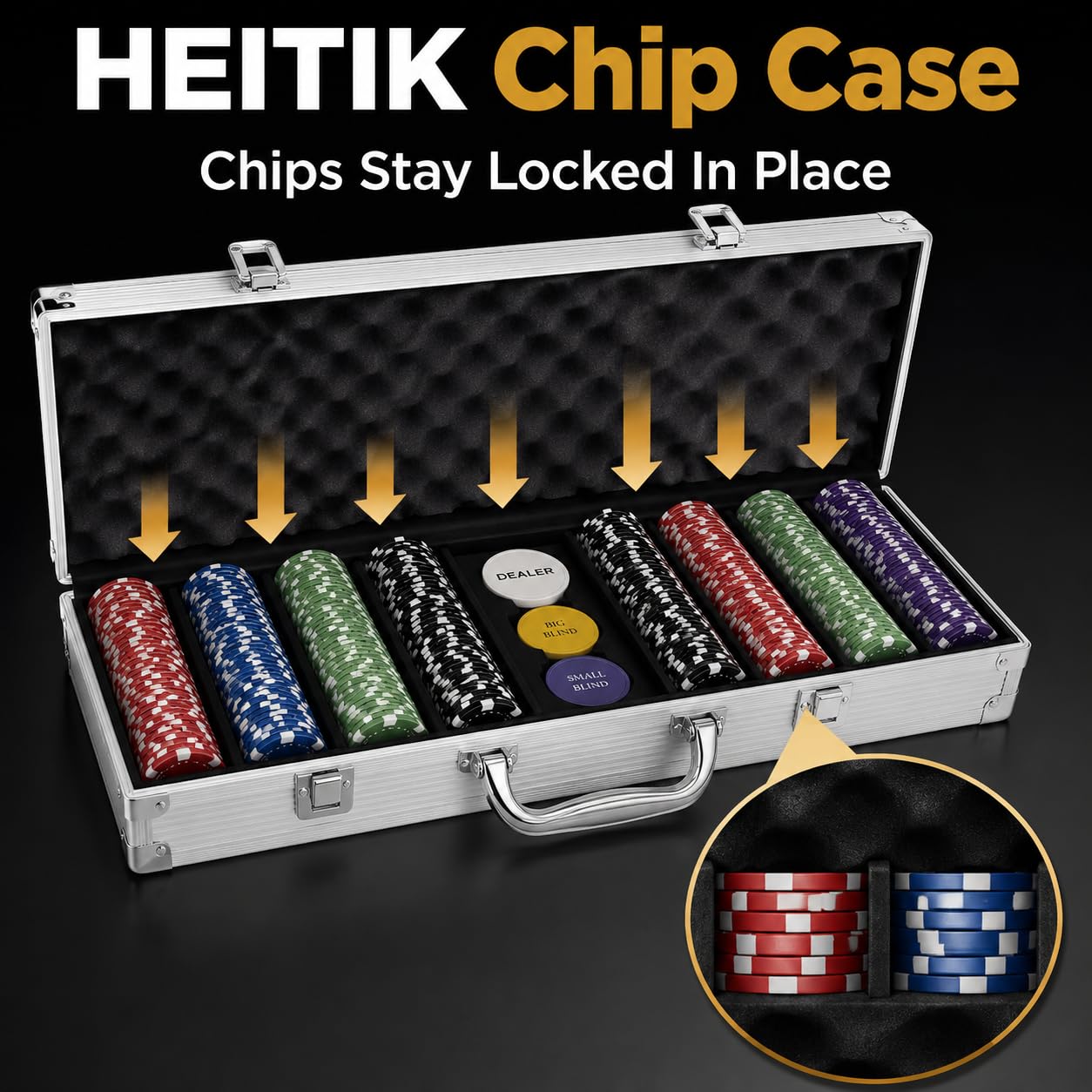 HEITOK Mallette Vide 1000 Jetons avec Boutons Dealer Blind | Mallette vide pour 1000 jetons standard, avec boutons dealer, small blind et big blind. Jetons non inclus.