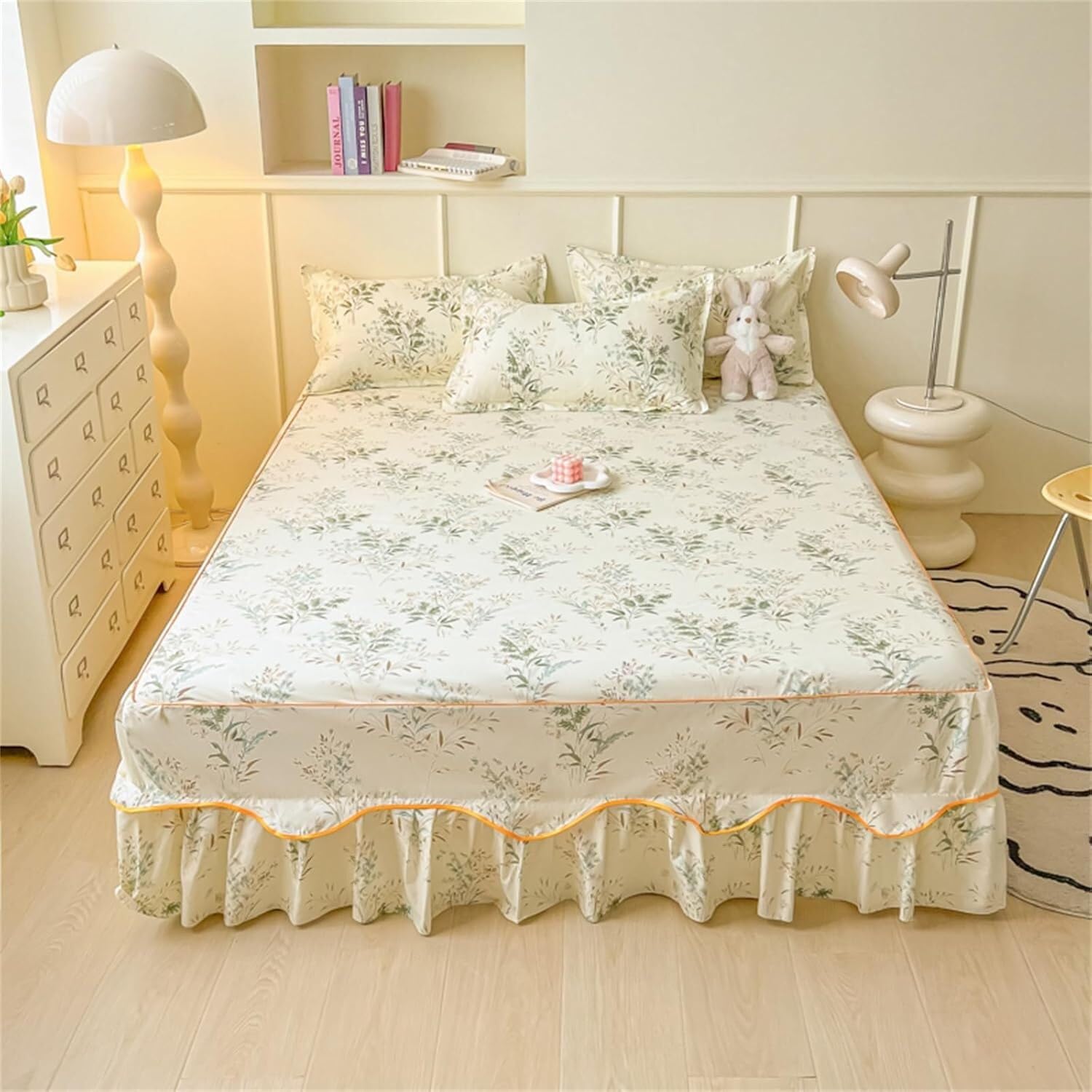 Drap-housse à motif floral avec jupe de lit à volants 180x200 vert