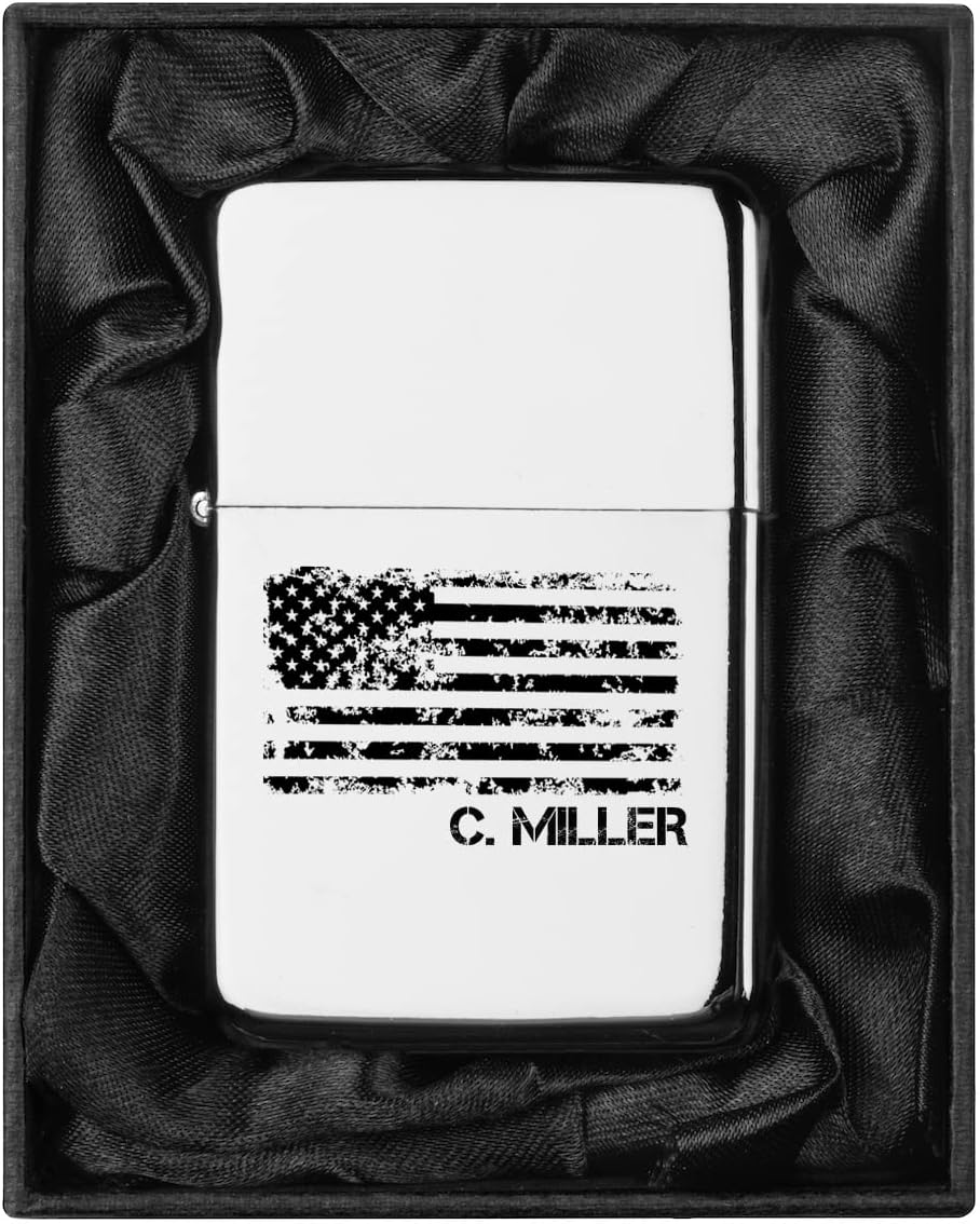 Custom Personalized Engraved Lighter in Black Silk Lined Gift Box (American Flag Monogram, Chrome)