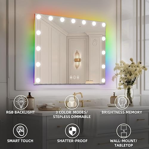 Miniatura 3 de Hansong Espejo de tocador RGB con luces LED Hollywood de 23 x 18 pulgadas, espejo de maquillaje con 15 bombillas regulables y aumento de 10X, 3