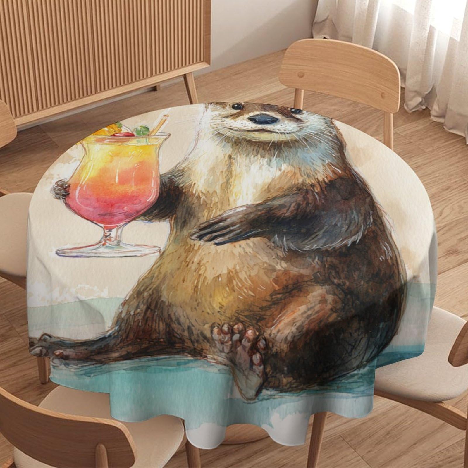 LUYYSKY Classic Watercolor Otters Waterproof Round Tablecloth Modern Art Summer Ocean Animals Otters Pattern Washable Table Cover for Kitchen-70 Wx70 L