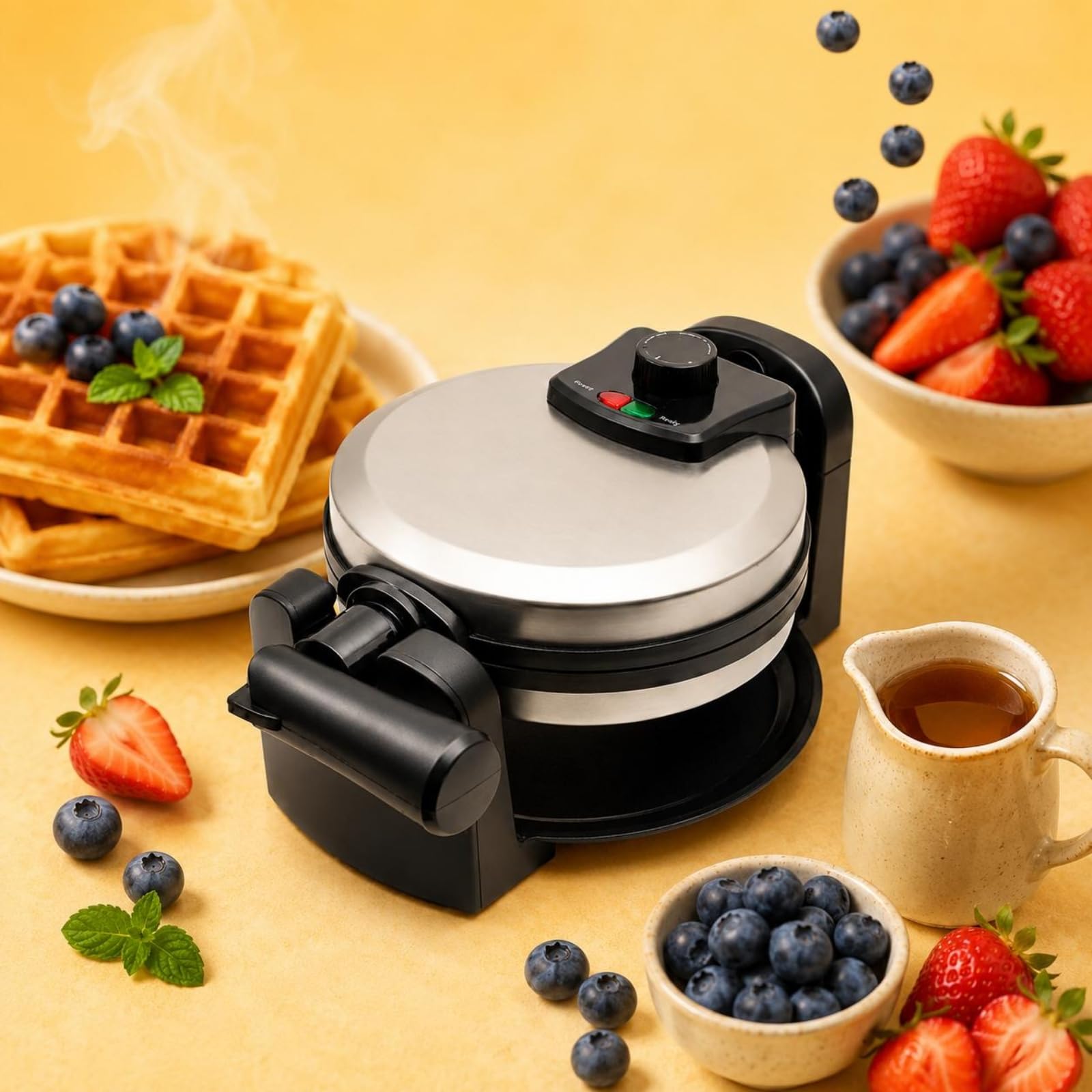 Waflera Eléctrica Redonda para Hogar Máquina de Waffles con Placas Antiadherentes Calefacción de Doble Cara Diseño Giratorio y Control de Temperatura