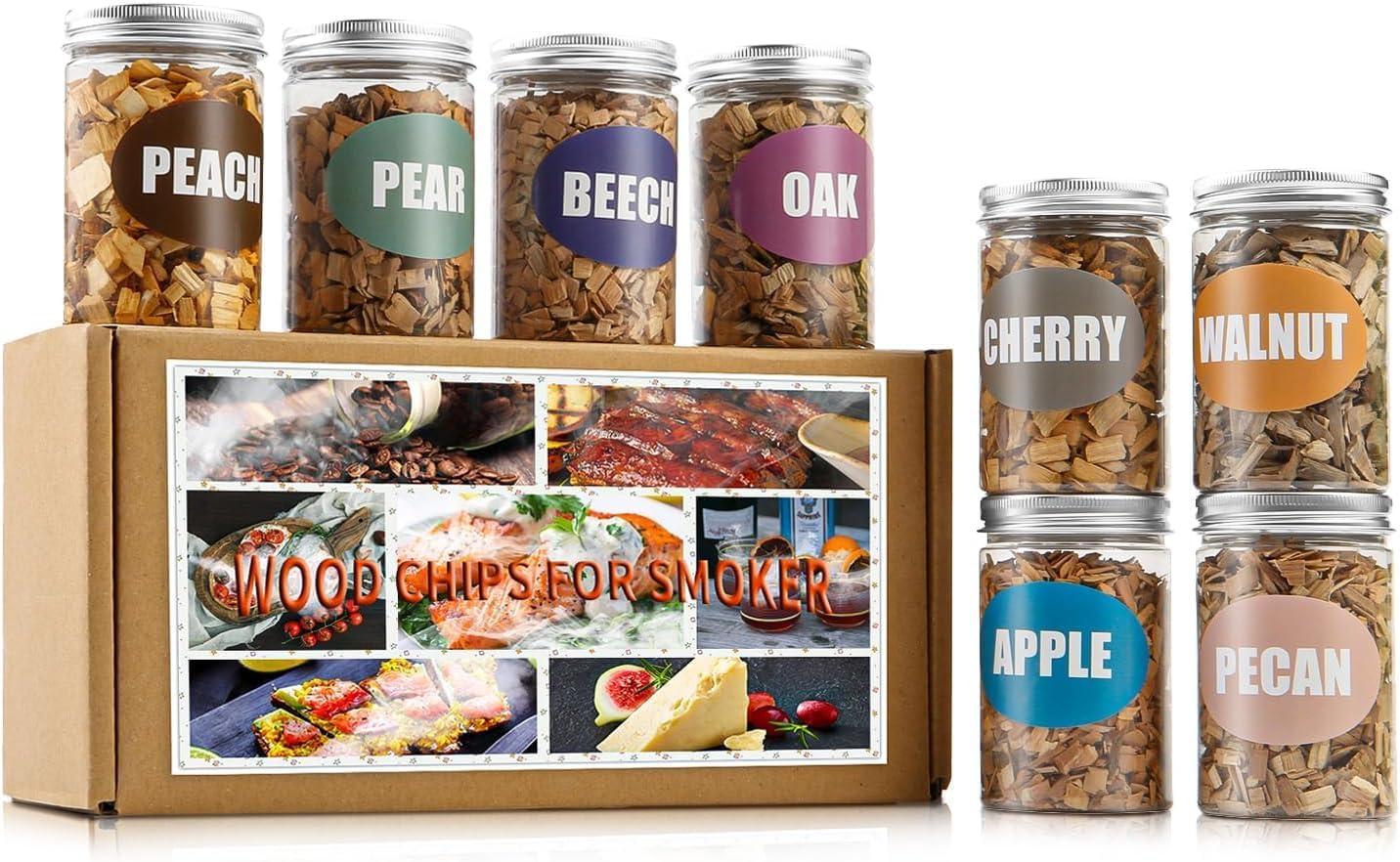 Natual Wood Chips for Smoking Gun and BBQ Grilling, (8 PCS - Apple, Cherry, Oak, Pecan, Pear, Peach, Walnut, Beech) 8 OZ Each| Premium Smoker Woodchips Set for Beef Pork Chicken Fish and Whisky