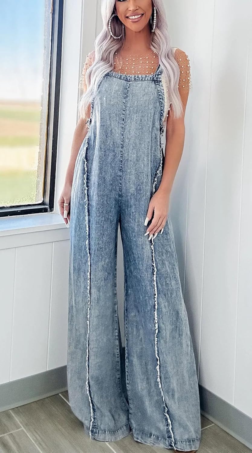 CHARTOU Women Loose Fit Denim Jumpsuit Adjustable Straps Wide Leg Long Pants Frayed Jean Overalls - Image 2