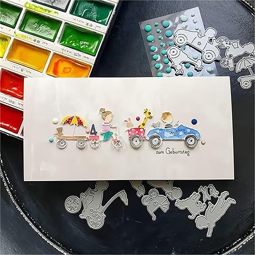 Miniatura 3 de Briartw Juego de 9 troqueles de corte de metal Happy Baby Kids Childhood Joy Riding Bike Dog Rabbit para bricolaje, álbumes de recortes, plantillas