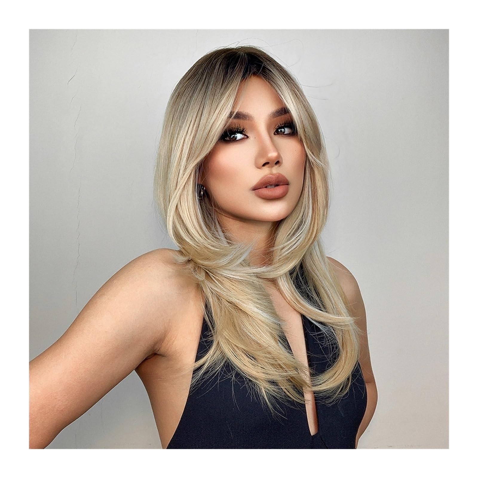 Perruque synthétique blonde dorée longue et lisse à frange latérale pour femme
