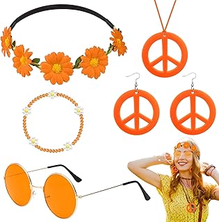5 Pièces Accessoires Hippie pour femmes, Ensemble de Costume Hippie avce Fleurie Bandeau Lunettes Hippie Boucles d'oreilles Collier Signe de Paix Bracelet pour Musique Fête des Années 60 70