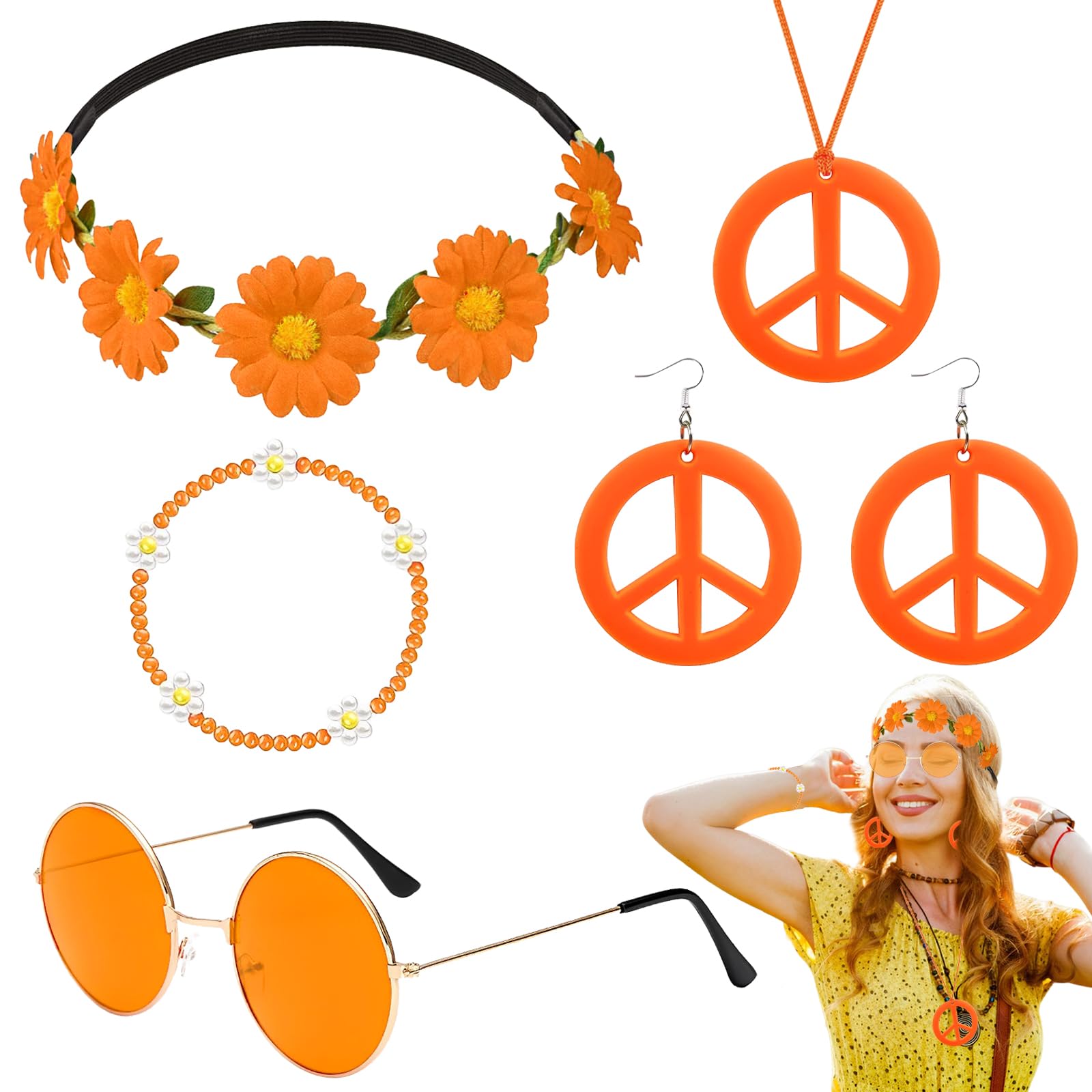 5 Piezas de Accesorios de Disfraz Hippie, Accesorios Vintage para Disfraz Hippie con Gafas Símbolo de la Paz Collar Pendientes Diadema Pulseras para Mujer Hombre Años 60 70 80 Fiesta