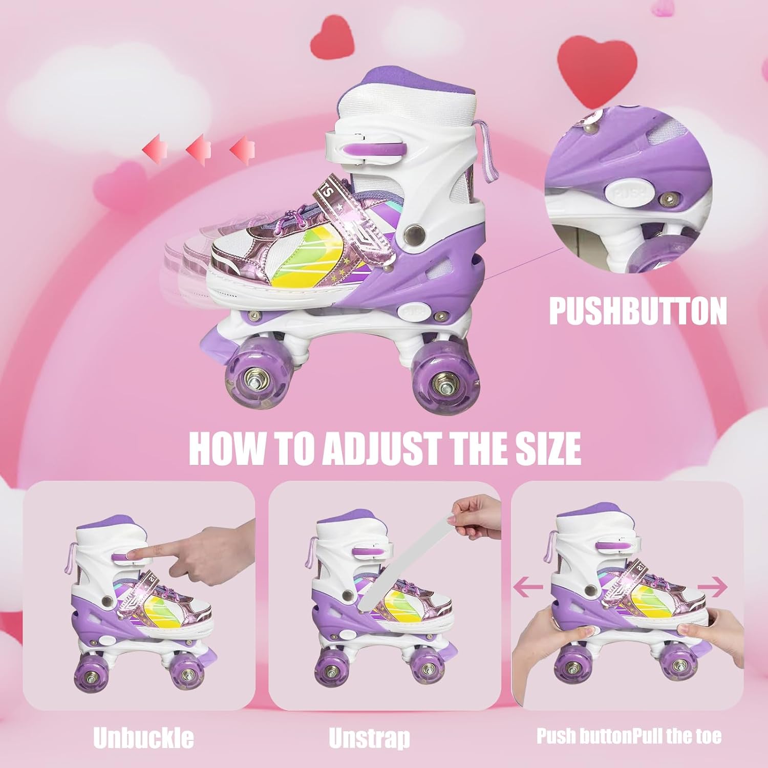 Adjustable Roller Skates for Boys Girls Ages 3-12, All 8 Wheels of Roller Skates Light Up with Protective Gear Set Gift for Youth Kids Indoor & Outdoor Beginners - Image 5