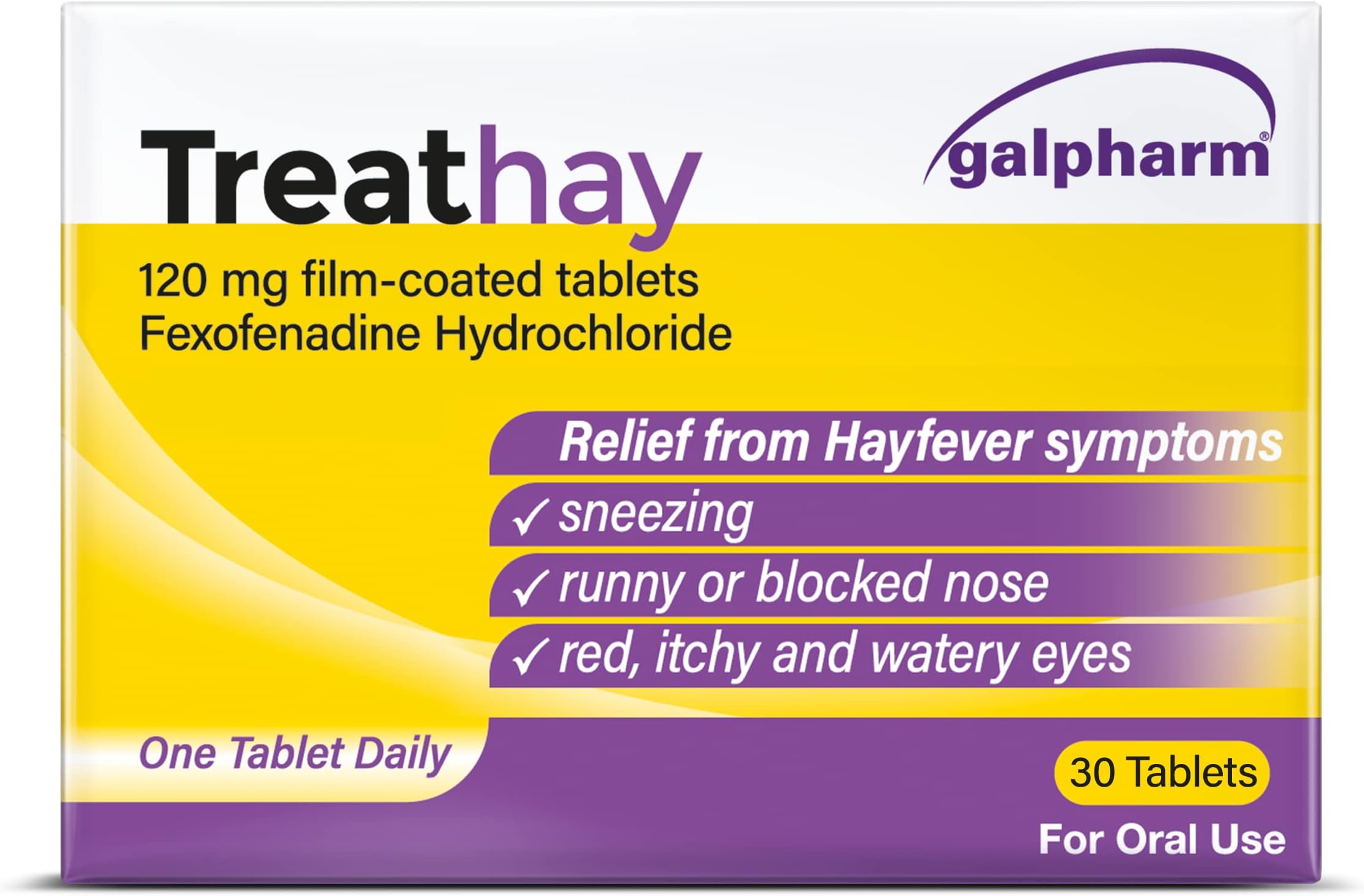 Galpharm Treathay Hayfever Relief Fexofenadine Hydrochloride Tablets 120mg, Up to 24hrs Relief from Hayfever, Sneezing, Itchy Eyes and Runny Noses, 30 Tablets