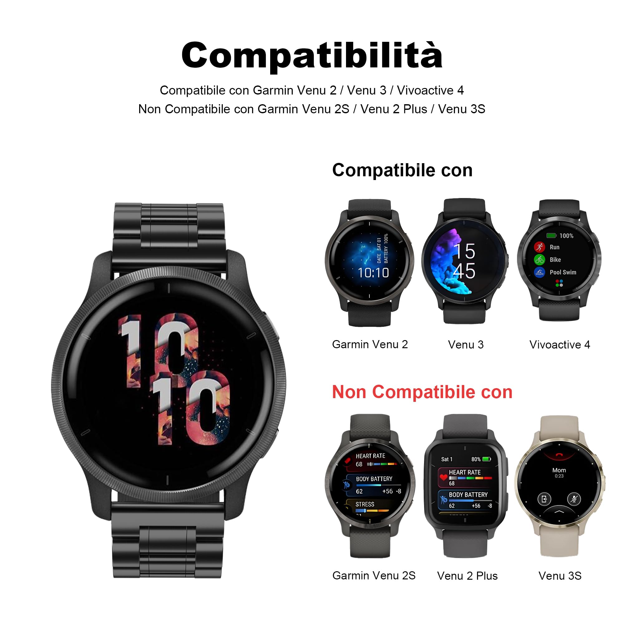 Cinturino Metallo Per Garmin Venu 2/3/Vivoactive 4 - Acciaio Inox