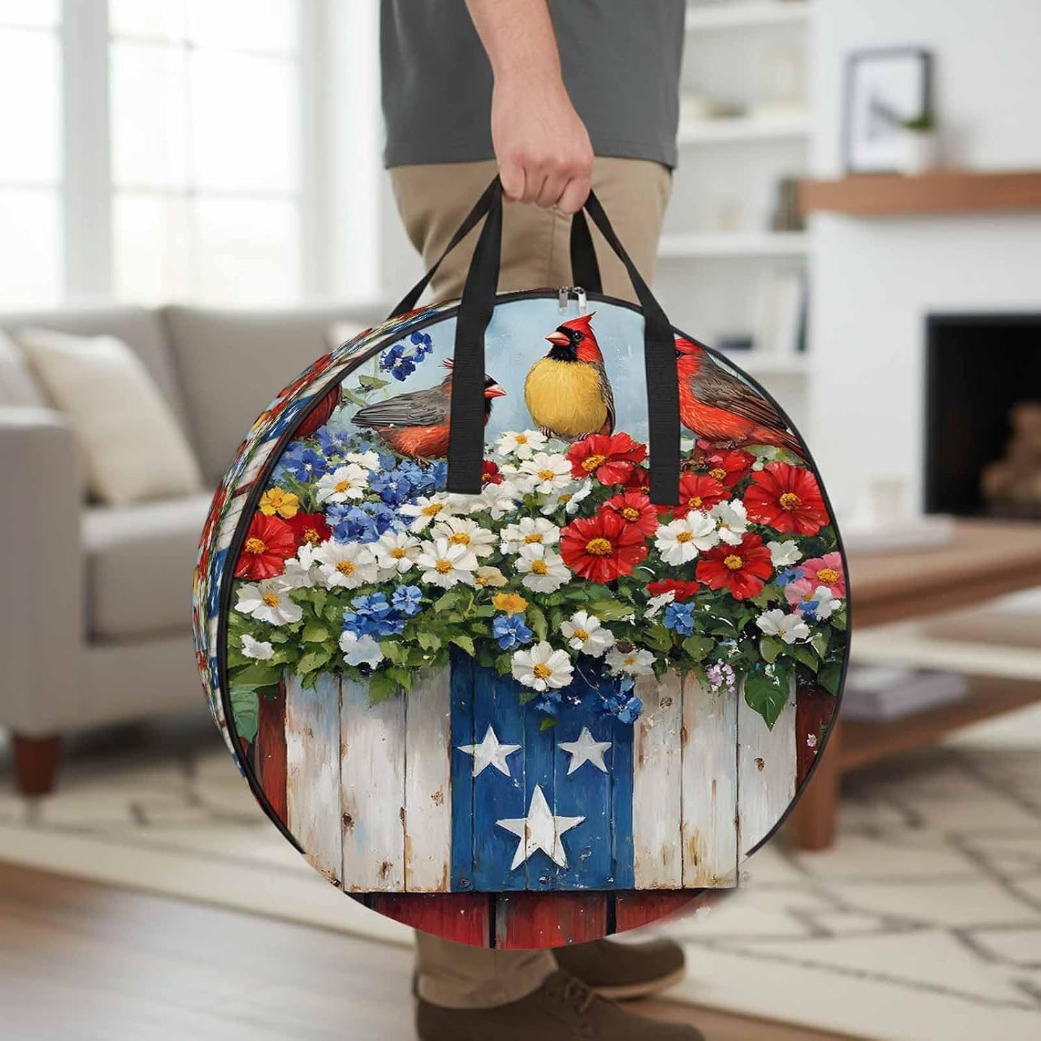 Cardinal Bird Poppy Round Storage Bag 36 Inch, 4th of July Patriotic USA Flag Clothes Storage Container with Handles Heavy Duty Organizer for Comforter, Bedding & Holiday Wreaths