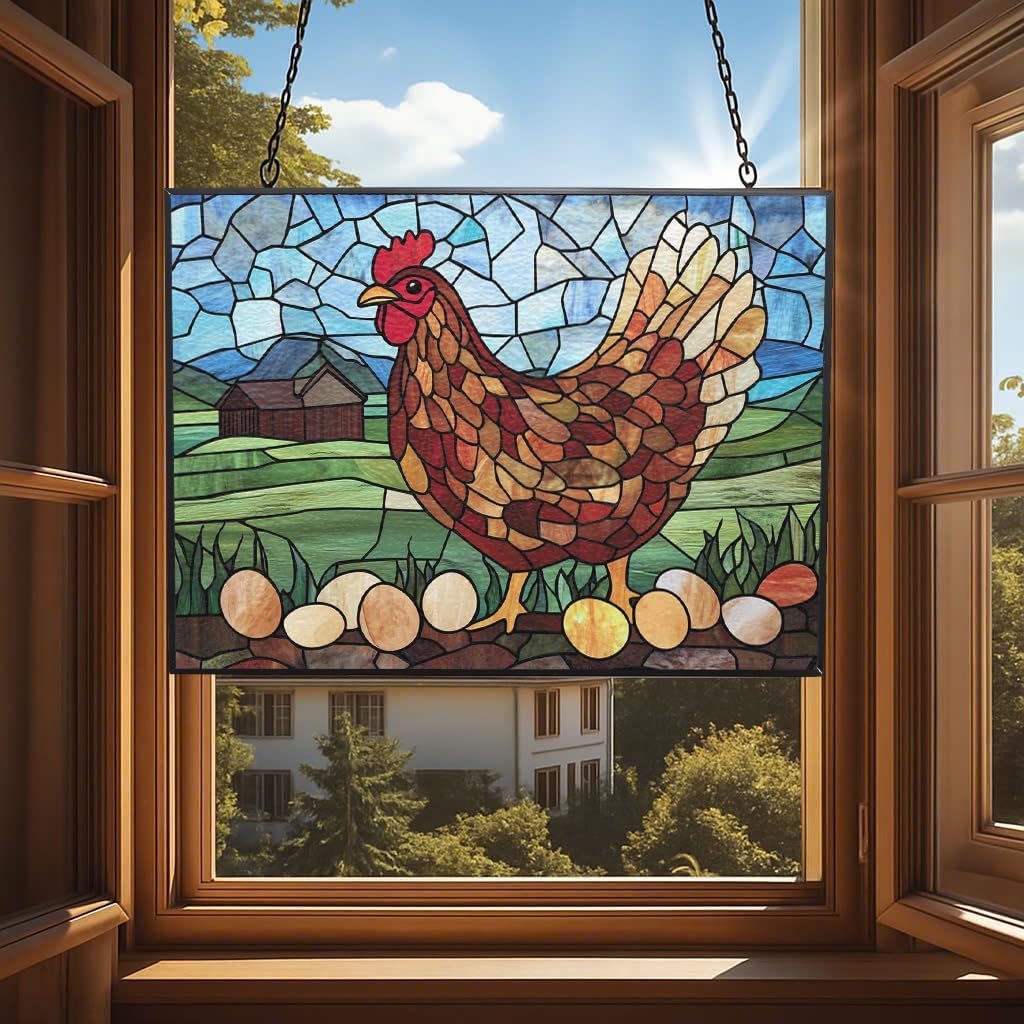 Personalized Rectangle Cartoon Chicken with Eggs Suncatcher Stained Glass Stained Glass Window Hanging Home Decor Garden Halloween Christmas Wedding Housewarming Gifts