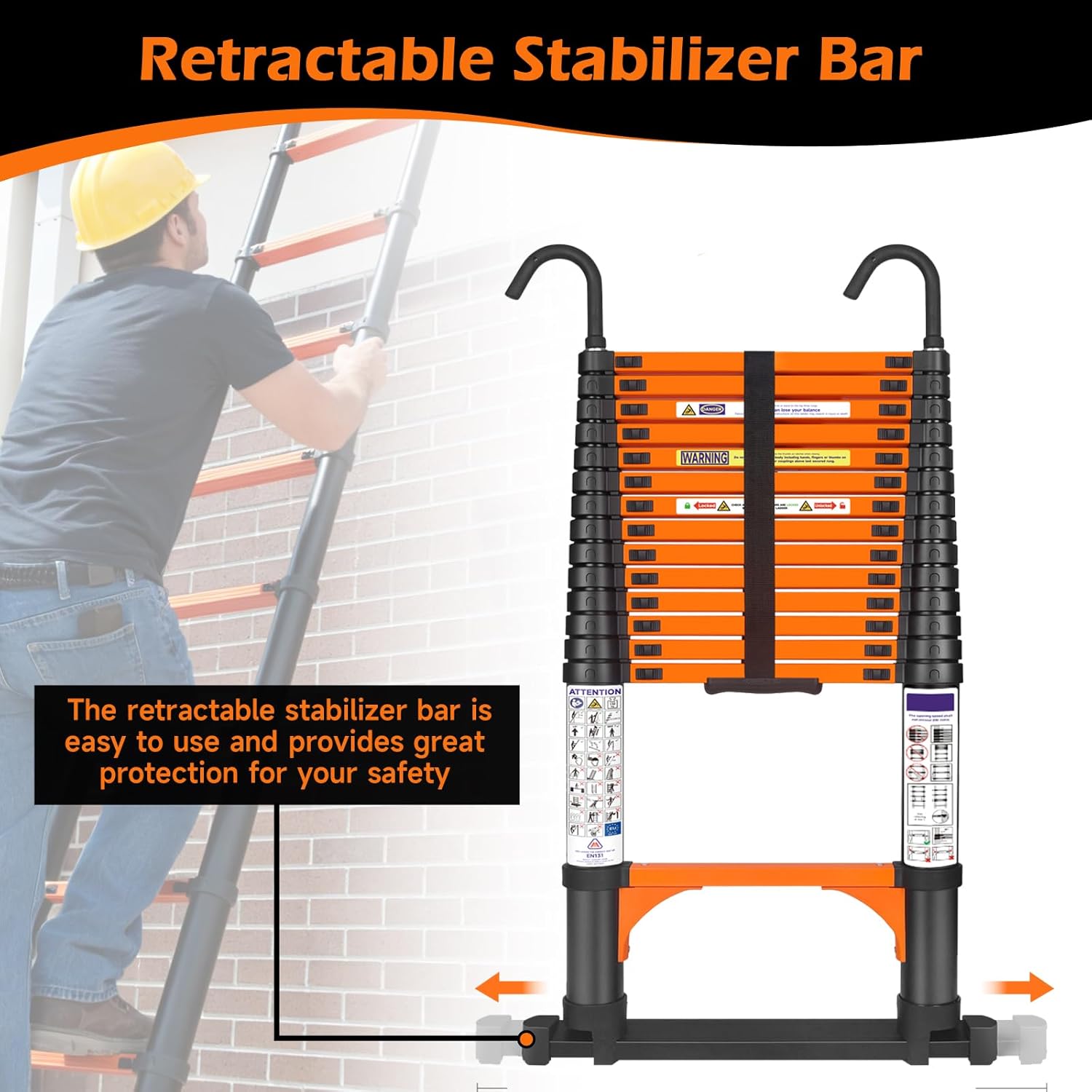 14.5FT Telescoping Extension Ladder for RV Attic Home, Multi-Purpose Collapsible Ladder with Non-Slip Feet, Lightweight Retractable Telescopic Ladder with 2 Triangle Stabilizers & Safety J-Hook