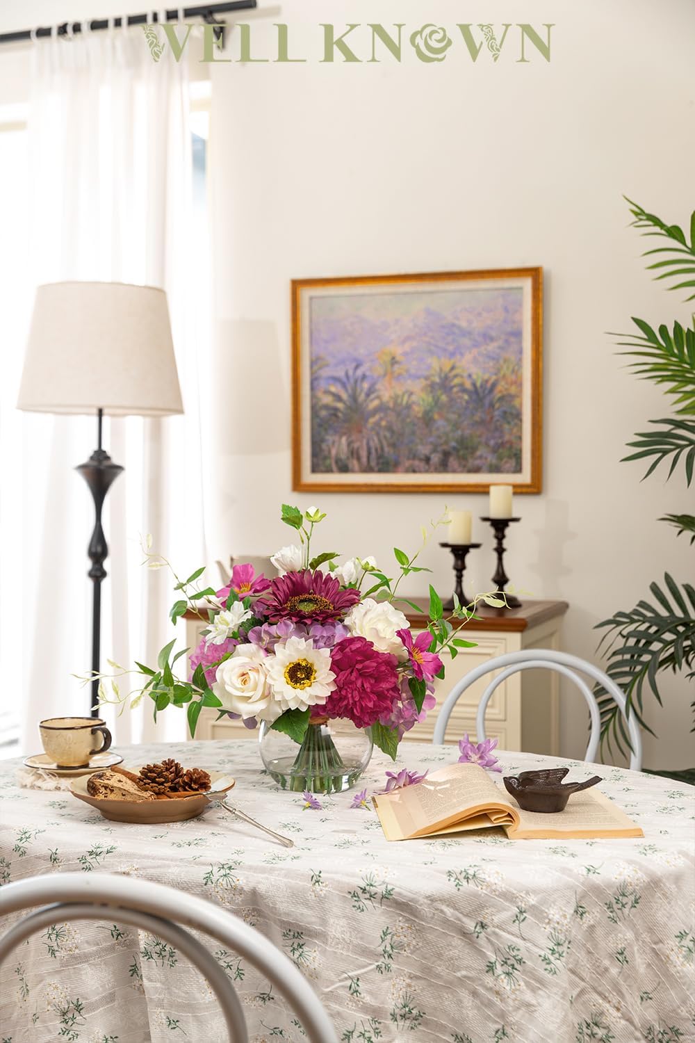 Artificial Flowers Centerpieces in Glass Vase with Fake Water, Silk White Rose Sunflowers Peony Bouquet with Vase for Birthday Party Wedding Dinning Table Office Hotel Decor (Fuchsia Mixed Plus) - Image 3