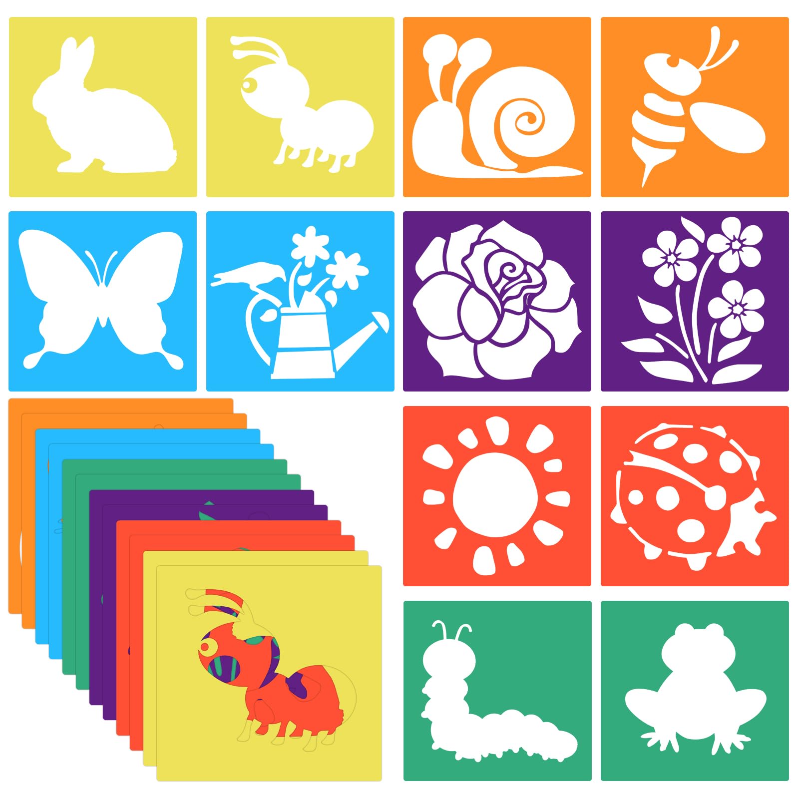 12 Pieces Garden Chalk Stencils for Kids, 8 Inch Sidewalk Chalk Stencils Painting Outside Reusable Drawing Stencils Large Washable Garden Themed Primary Shape Template for Kids Toddlers Preschool