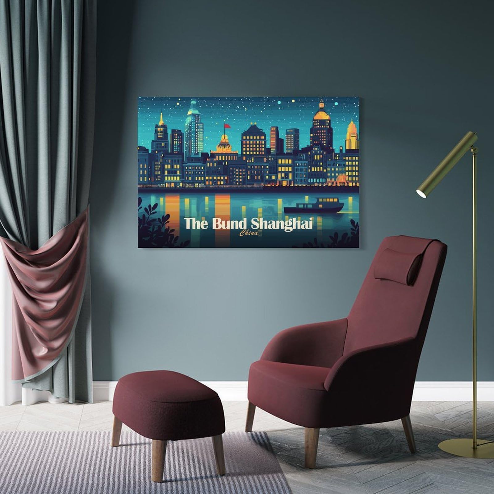 Junmoney Frame-Style-16-1 The Bund Shanghai China Nightscape Room Decor Wall Art, 20X30inch(50X75cm), For Living Room, Bedroom, Office Or Hallway, Decorative Artwork With Broad Appeal