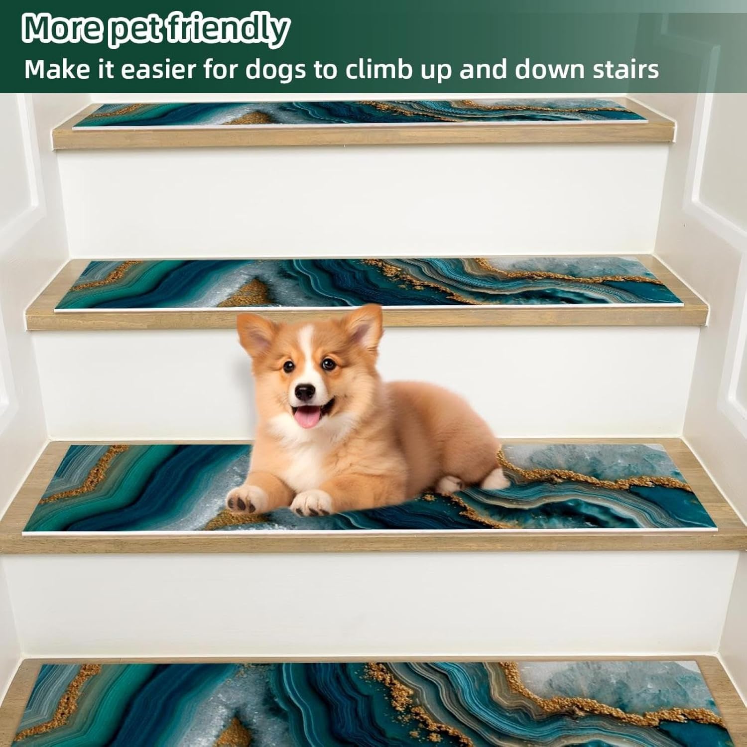 Teal Agate Texture (2) Carpet Stair Treads, Stair Treads for Wooden Steps Indoor, Stair Runner for Pets Non Skid Wood Staircase Step Treads Reusable, Set of 15
