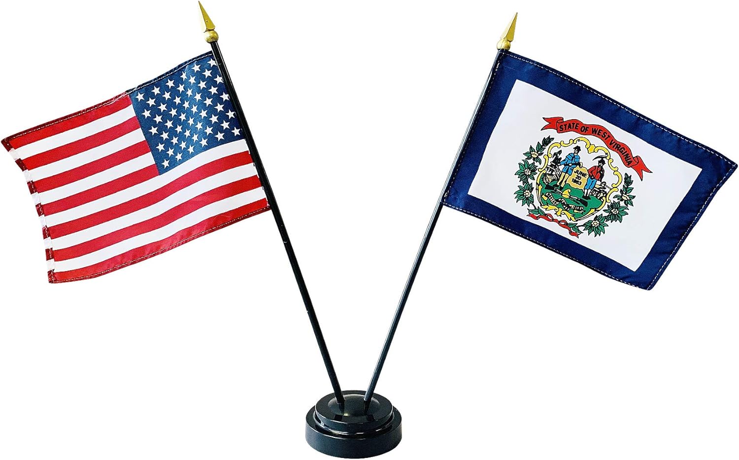 Set of 3 4x6" E-Gloss West Virginia Stick Flag w/U.S. Stick Flag & 2 Flag Plastic Table Base - Made in the USA