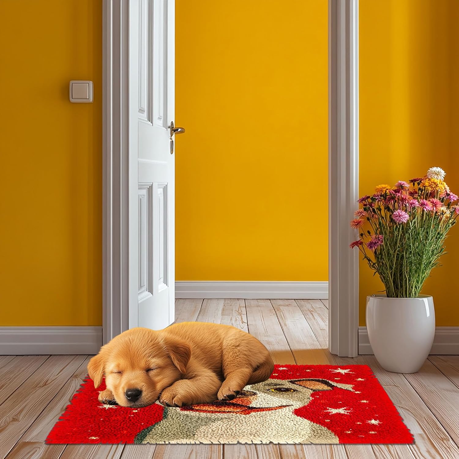 Latch Hook Rug Kit for Adults Merry Christmas Pitbull Dog Pre-Printed Handmade Carpet Crochet Yarn Craft DIY Hook and Latch Door Mat Tapestry Home Floor Decoration 60x40cm(1)