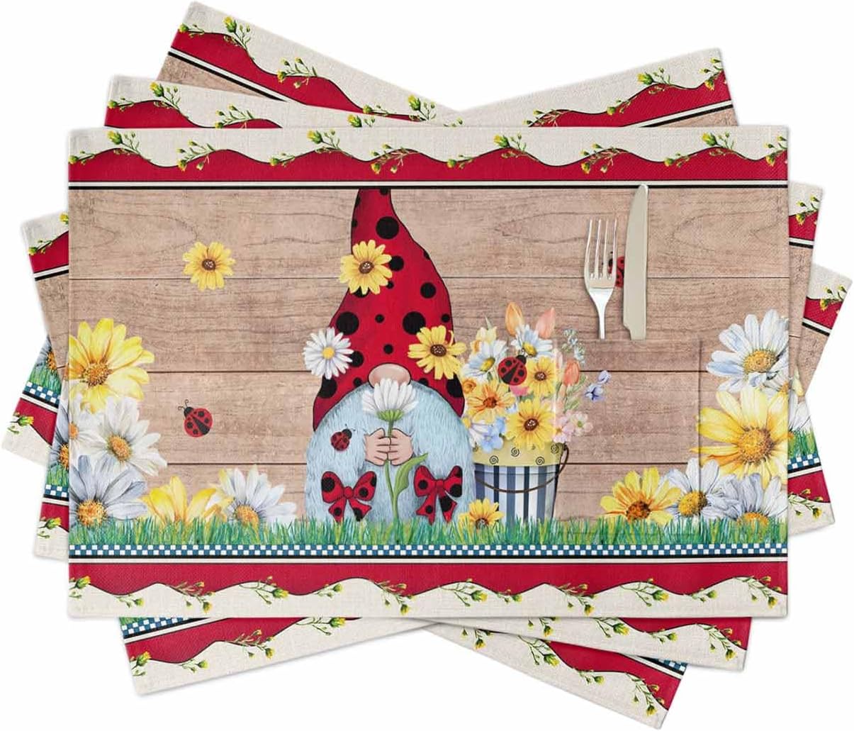 Summer Gnomes with Ladybug Placemats Set of 4, Woven Placemat Washable Wipeable Table Placemat with Pocket, Holiday Cloth Table Mat for Party Kichen Dinner Vintage Daisy Flowers Wooden