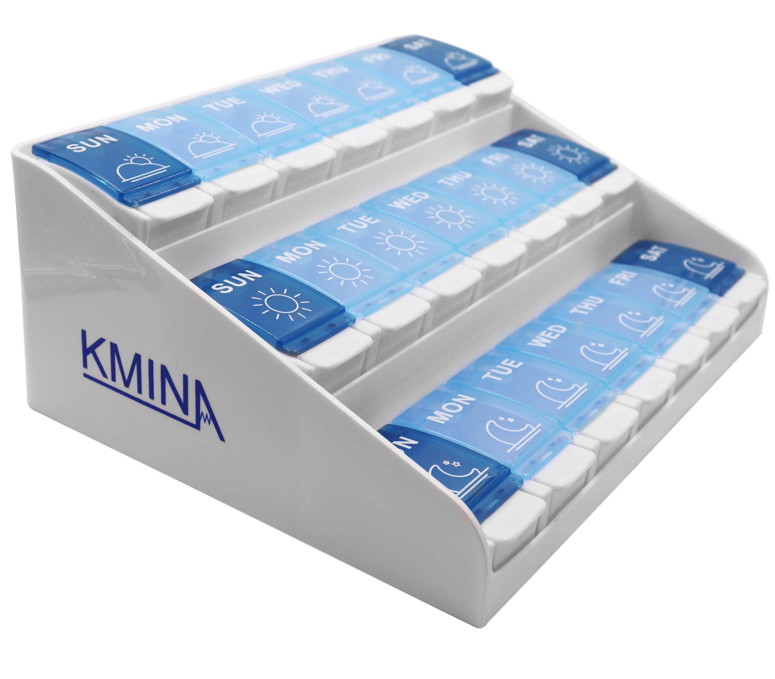 KMINA Pill Boxes 7 Day 3 Times a Day, Large Pill Box Organiser, Easy Open, Medicine Storage, Patented - Made in Europe