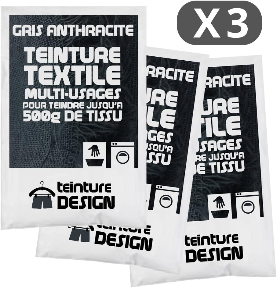 Teinture Design - Pack of 3 Fabric Dye Sachets - Charcoal Greyy - Universal Dyes for Clothes and Natural Fabrics