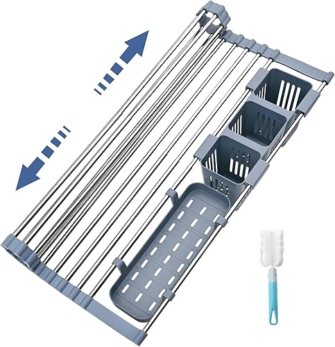 Escurridor de platos enrollable expandible para cocina de 128 a 23 pulgadas con 3 cestas de almacenamiento estante multiusos para fregadero con gran
