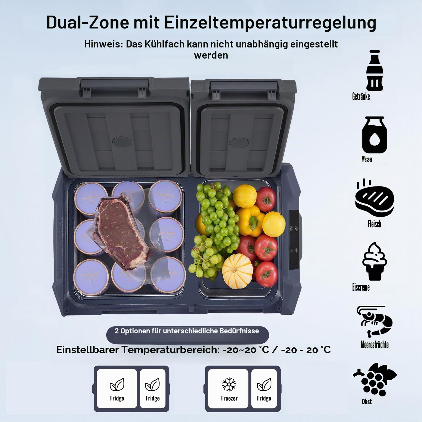 VEVOR Autokühlschrank, 25 L Dual Zone tragbarer Gefrierschrank, 12 Volt Autokühlschrank, -20~20 ℃ einstellbarer Bereich, 12/24 V DC / 100-240 V AC Kompressorkühler für Outdoor, Camping, Wohnmobil
