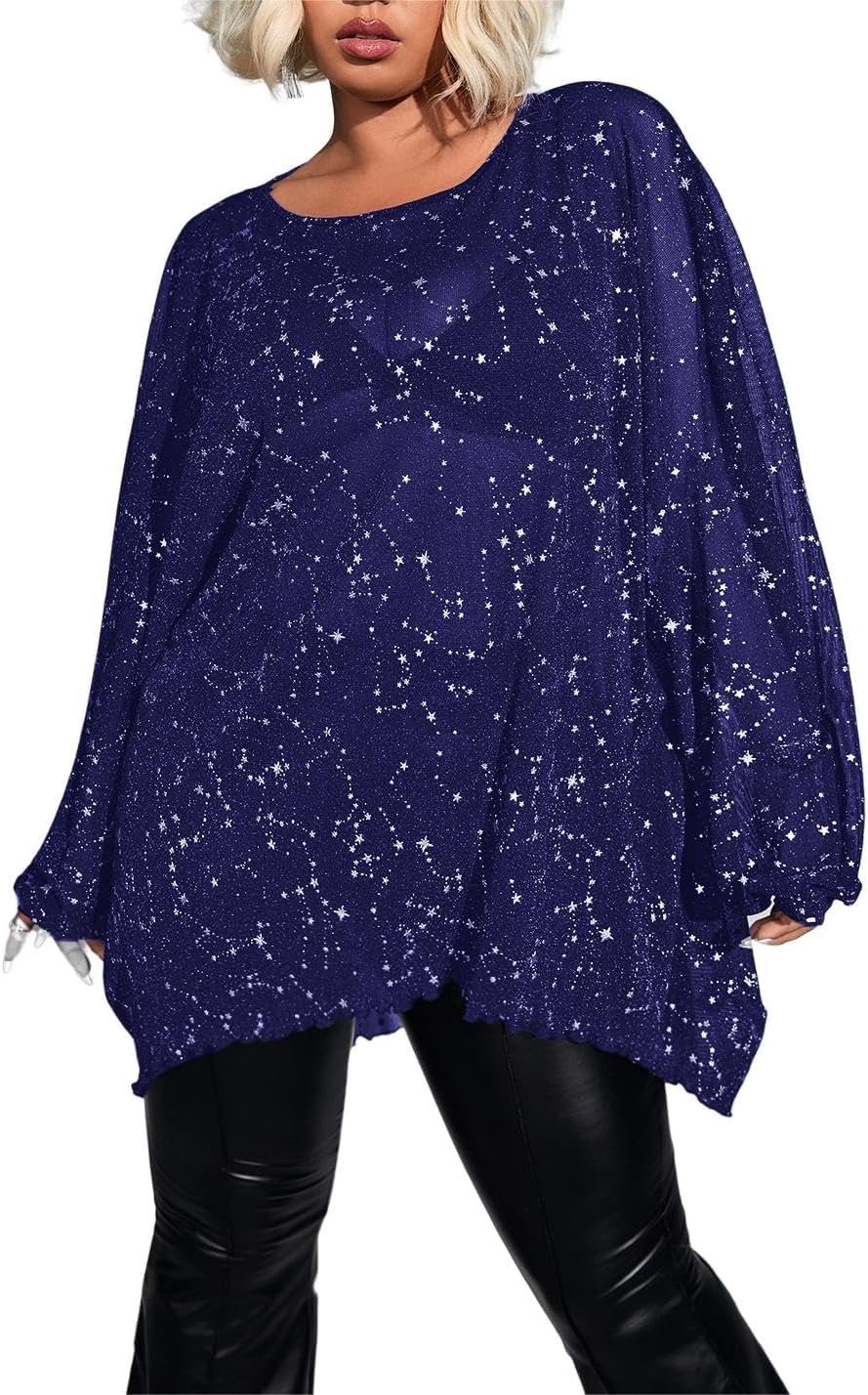 WDIRARA Women's Plus Size Star Print Mesh Glitter Round Neck Long Sleeve Oversized Sparkly Tee Top X-Large Plus Navy Blue