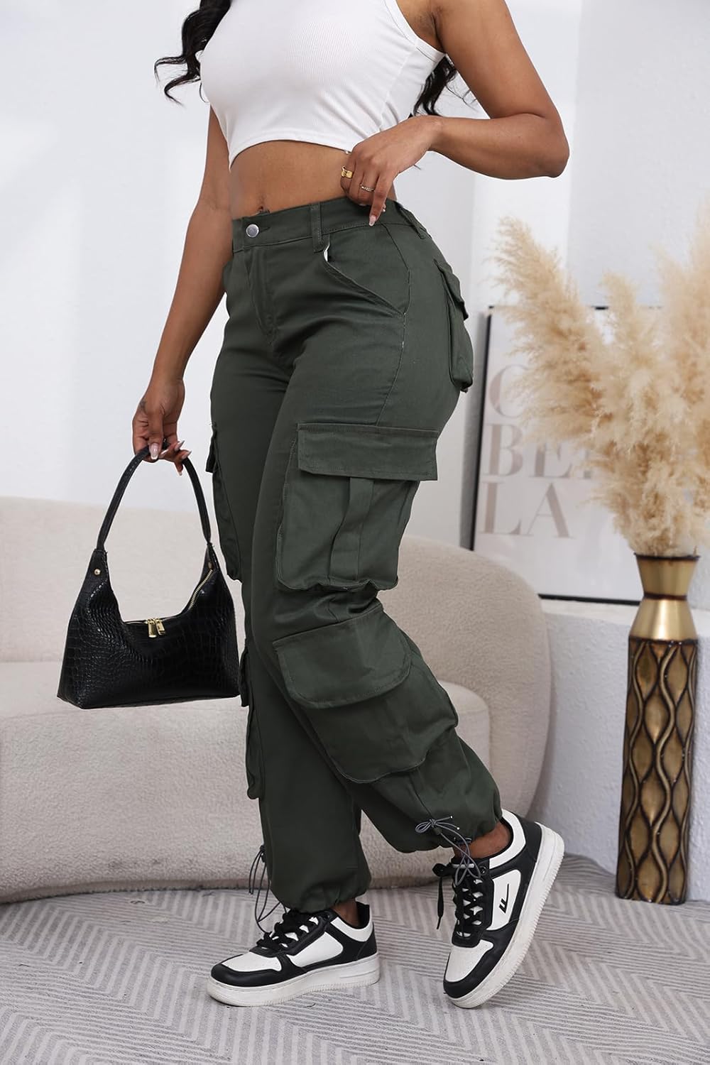 DvaeMalligo Womens Wide Leg Cargo Pants High Elastic Waisted Casual Multi Pockets Loose Fit Straight Y2k Trouser Pants - Image 5