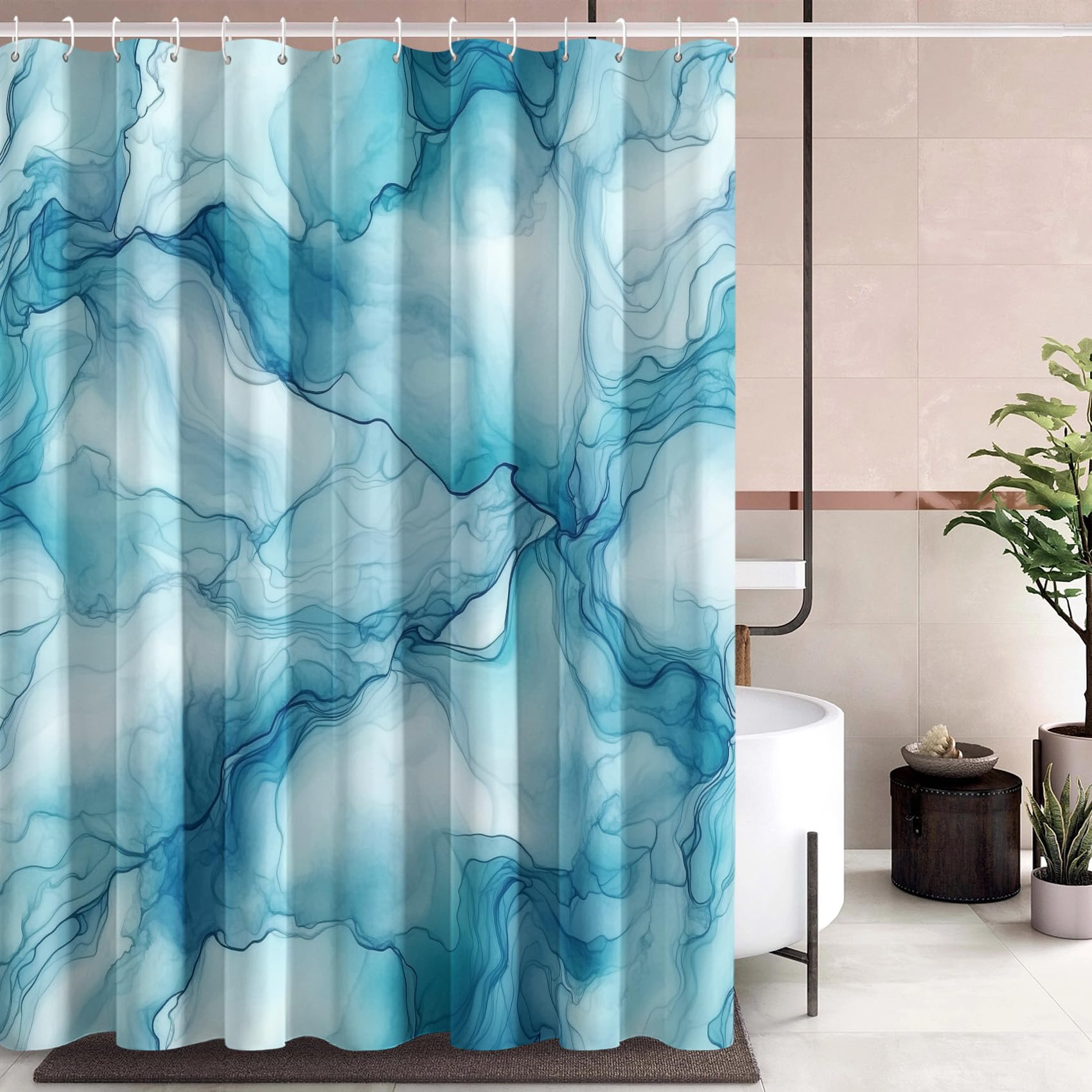 Nowoczesna abstrakcyjna zasłona prysznicowa z niebieskim marmurem, 183 x 213 cm, tkanina do dekoracji łazienki z 12 haczykami, akwarela artystyczny design do eleganckich akcesoriów łazienkowych