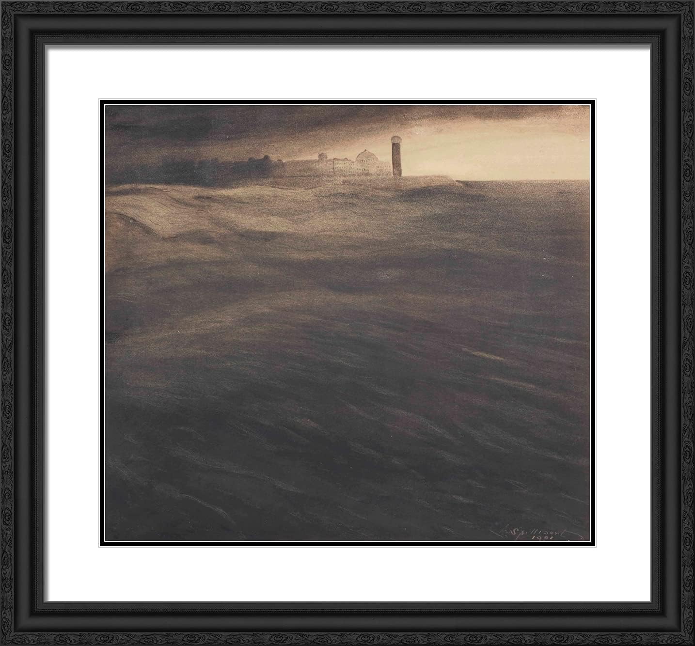 ArtDirect Spilliaert, Leon 21x20 Gold Ornate Framed Art Print with Double Matting Titled: The Old Light House at Dusk