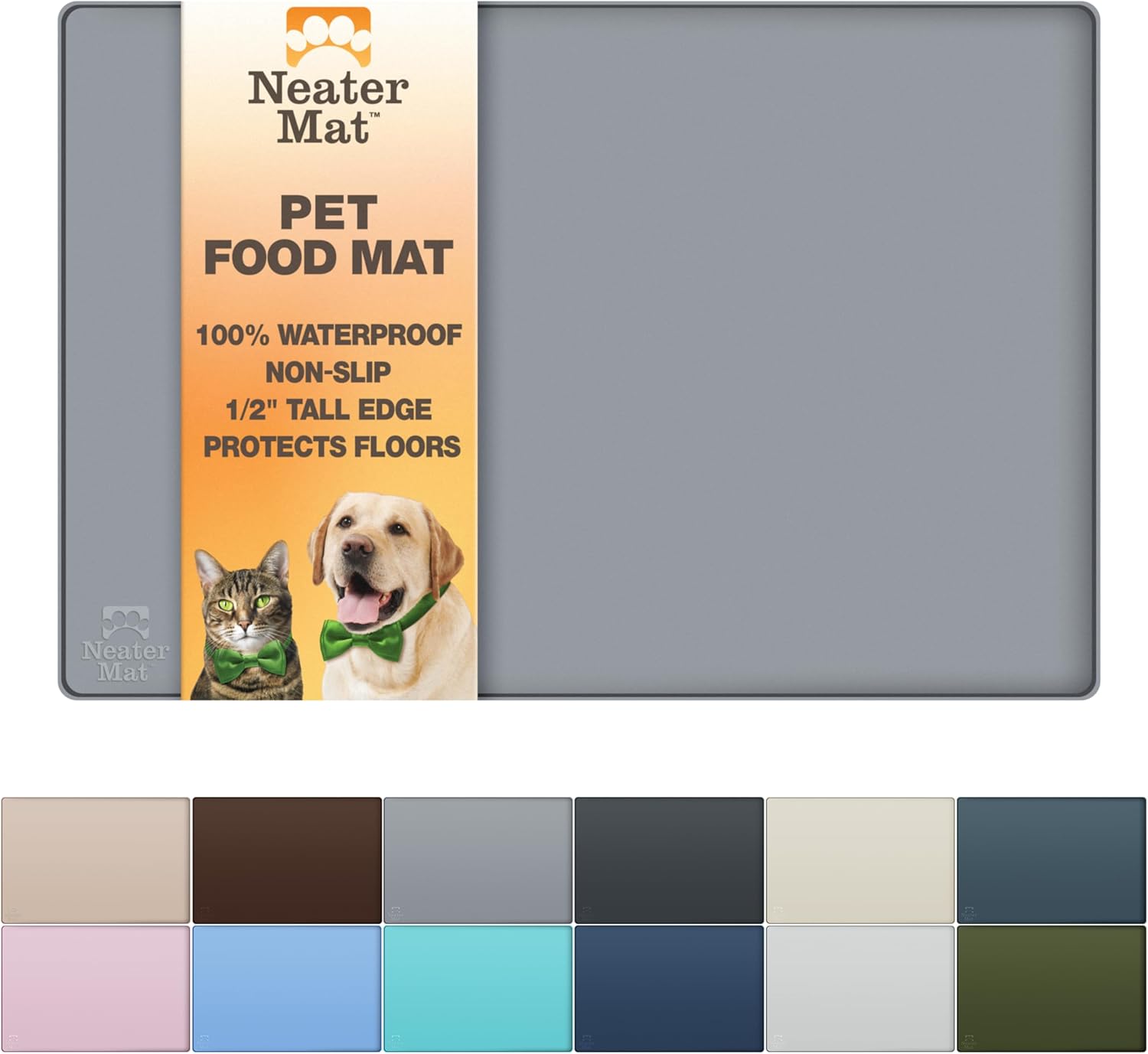 NeaterPetBrands Neater Mat 19x12 Waterproof Silicone Pet Food & Water Bowl Mat with 1/2" Raised Edge - Anti-Slip, BPA-Free, Gunmetal Grey