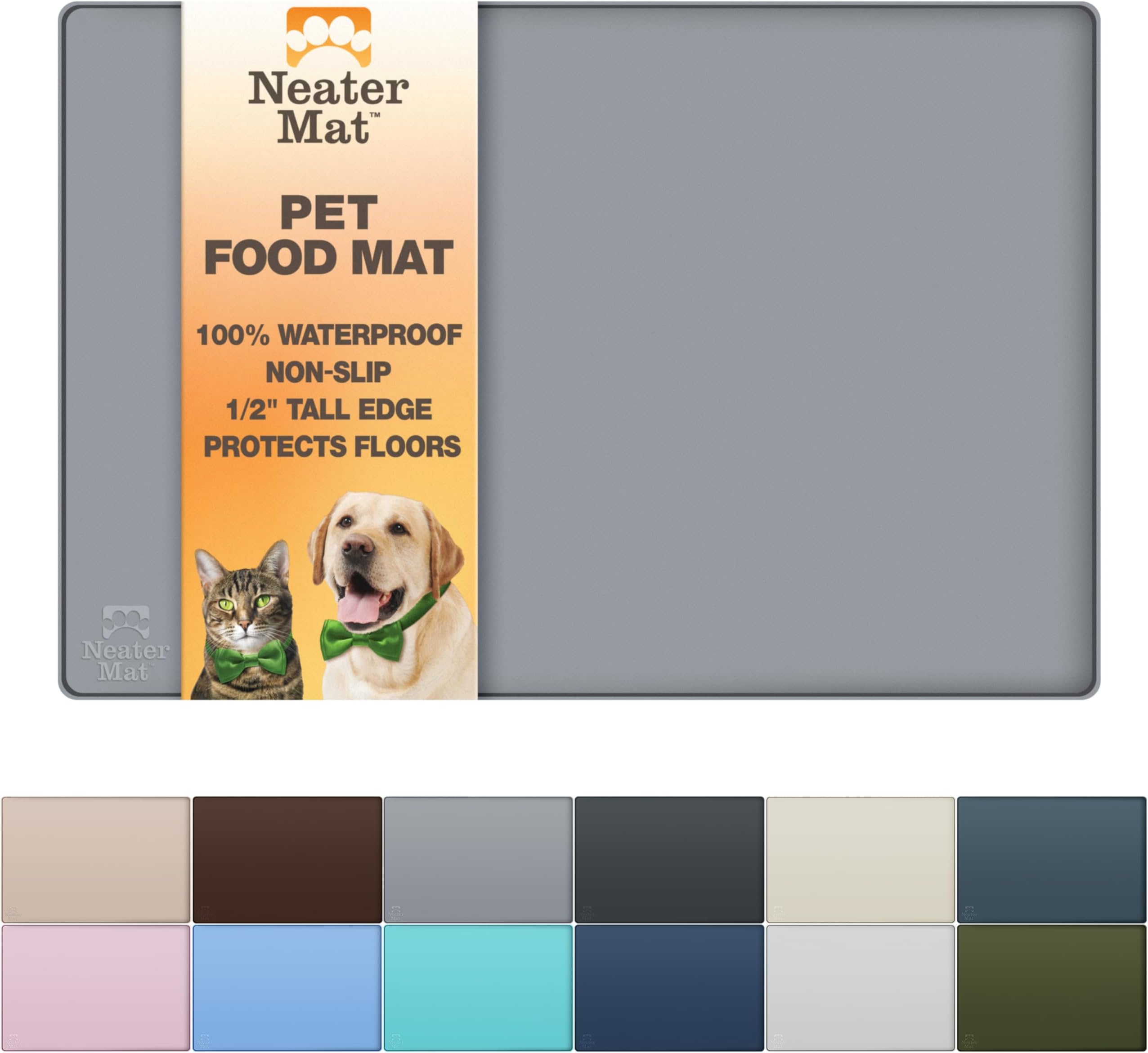 Neater Pet Brands Neater Mat Cat & Dog Food Mat, Waterproof & BPA-Free Silicone Placemat with Raised Edge for Under Food and Water Bowls, 19" x 12", Gunmetal Grey