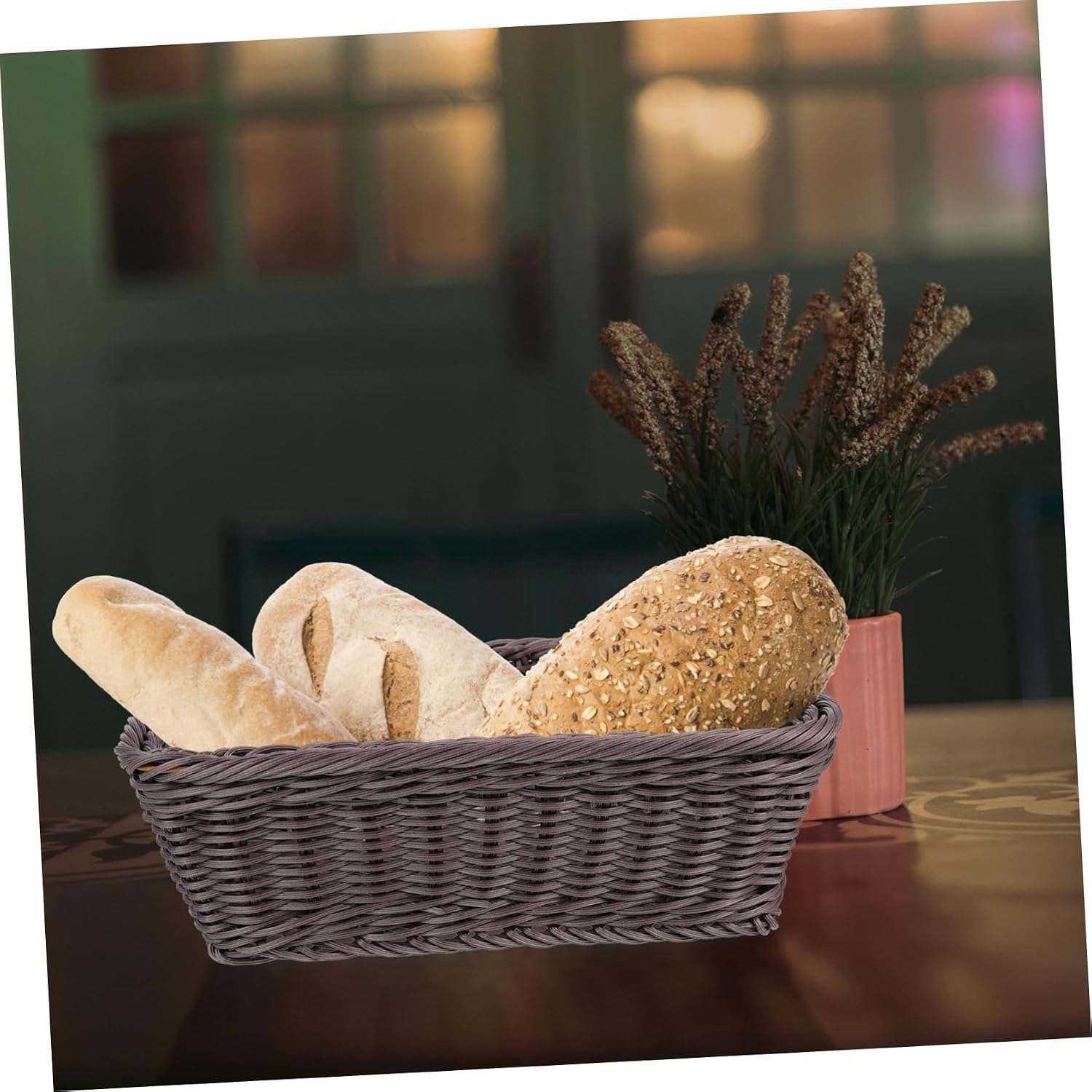 Coffee Plastic Woven Bread Serving Basket for Tabletop Snacks