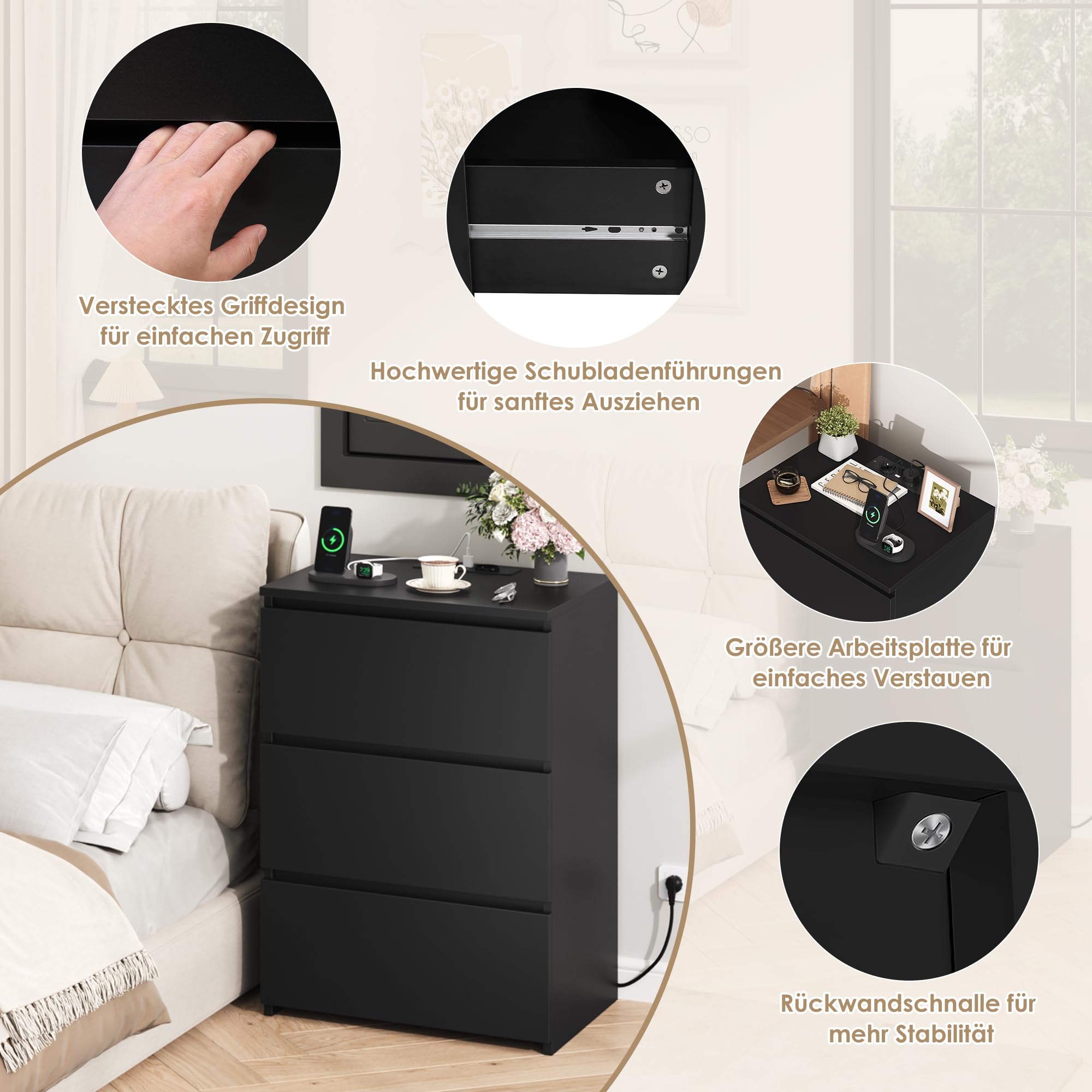 FirFurd Nachttisch mit Steckdosenleiste Nachtschrank 3 Schublade 45x38x66cm | Beistelltisch mit 2 AC-Steckdosen, 2 USB-Anschlüsse, 1,8 m Netzkabel, Nachtkommode für Schlafzimmer Wohnzimmer Büro, schwarz