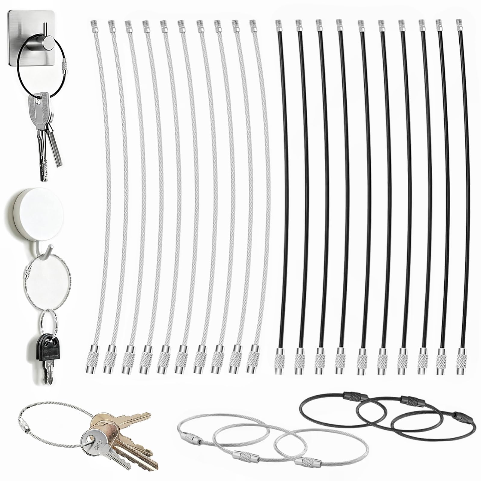 Sunkizzrs® 20-Pcs Stainless Steel Wire Keychain Cable Loops — 150mm x 1.5mm Screw Lock Key Ring — Heavy Duty Wire Key Chain for Luggage Tags/Keys/Outdoor Use (Black & Silver)-image-4