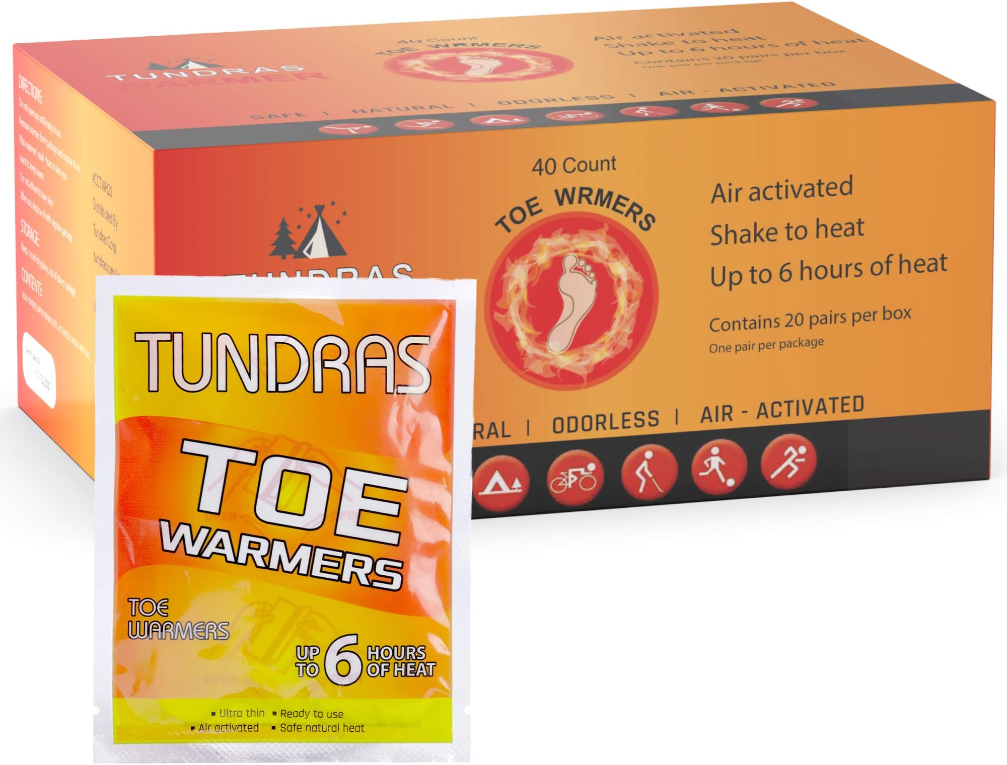 Hot Toe Foot Heat Warmers - 40 Count, Adhesive Long Lasting Air Activated Disposable Natural Heating Pads for Shoes, Boots – Odorless & Comfortable for Outdoor Work, Sports Activities