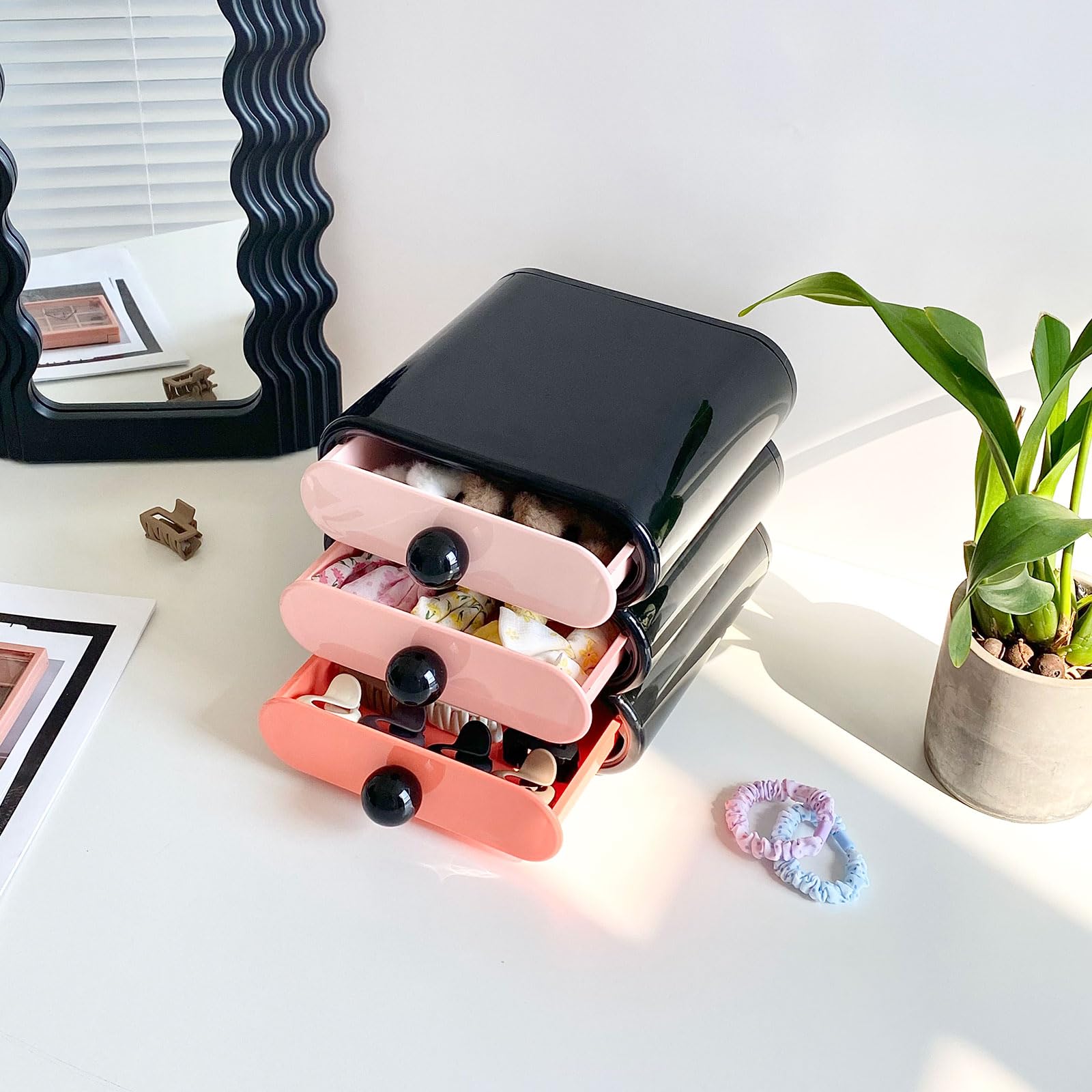 Yesesion Hair Care Holder with 3 Drawers, Plastic Vanity and Bathroom Storage Organizer for Lipsticks, Eyeshadow Palettes, Brushes, Beauty Supplies, Home Office Accessories Box for Desk (Black)